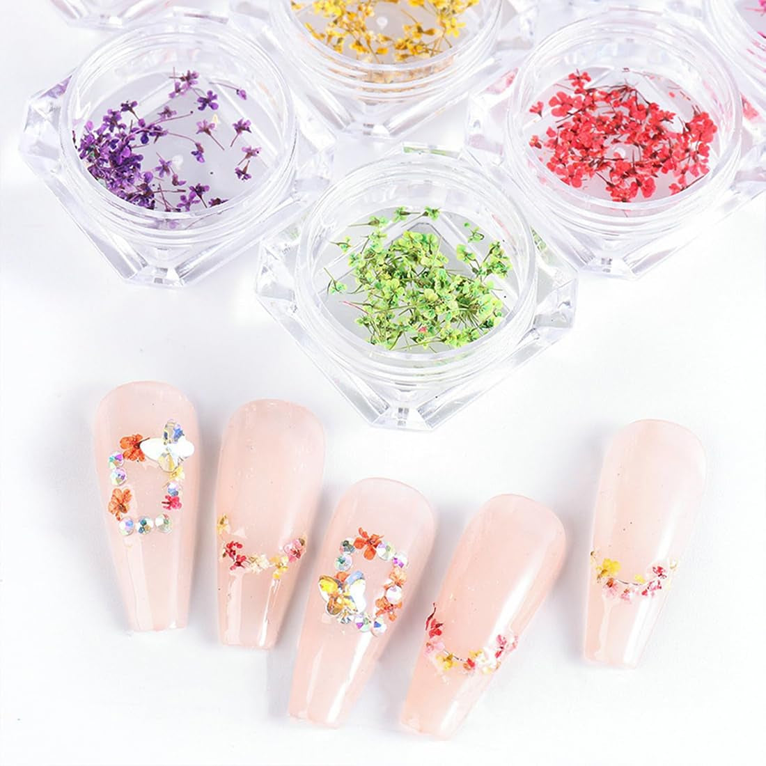 EYVRPAU 6 Stück Nail Art Flowers Set Decoration, Gelnägel Zubehör 6 Farben, Nail Art Aufkleber Trockene Blumen Kit Getrocknete Blumen Zubehör Set DIY Nageldecoratie