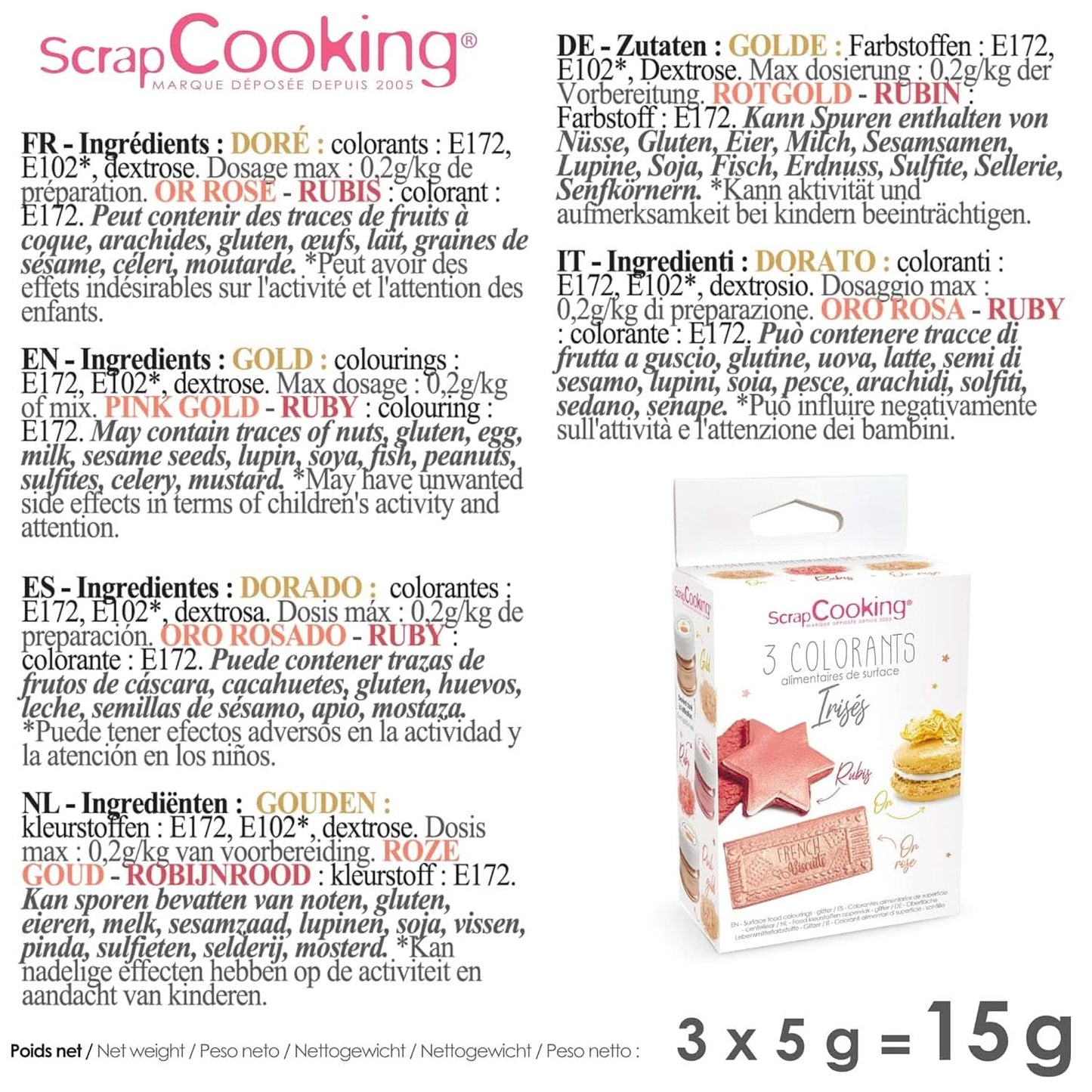 ScrapCooking, Set van 3 kleurstoffen voor levensmiddelen, Goud, Rose-Goud en Ruby, metallic tinten, 3 x 5 gram Naty Shop