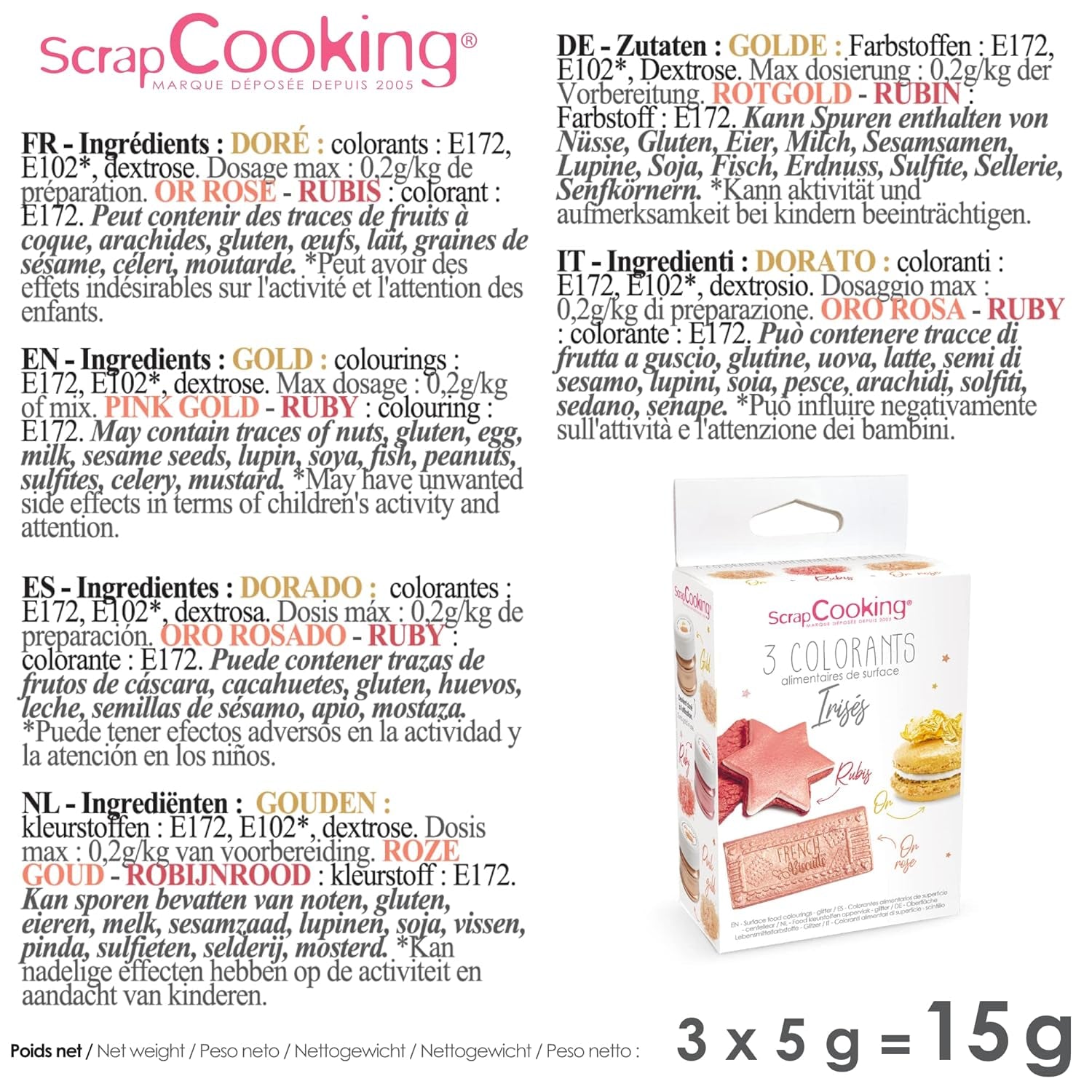 Scrapcooking - Set van 3 metalen kleurstoffen - Kleurstof: goud, rosé goud en robijn - Eetbare kleurstof voor bakken, cakes, koekjes, cakes, chocolade - 4019