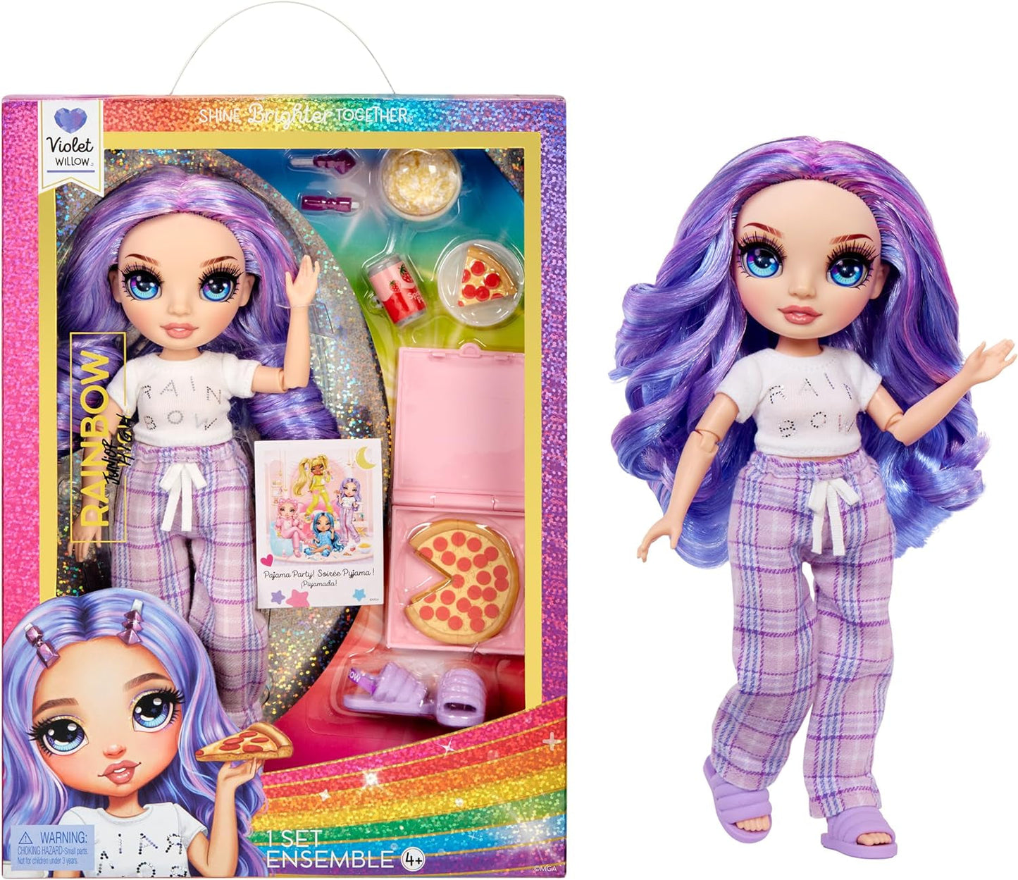 Rainbow High Junior High PJ Party Doll - Violet - 22 cm met zachte jumpsuit, pantoffels en speelaccessoires - Kinderspeelgoed - Ideaal voor 4-12 jaar