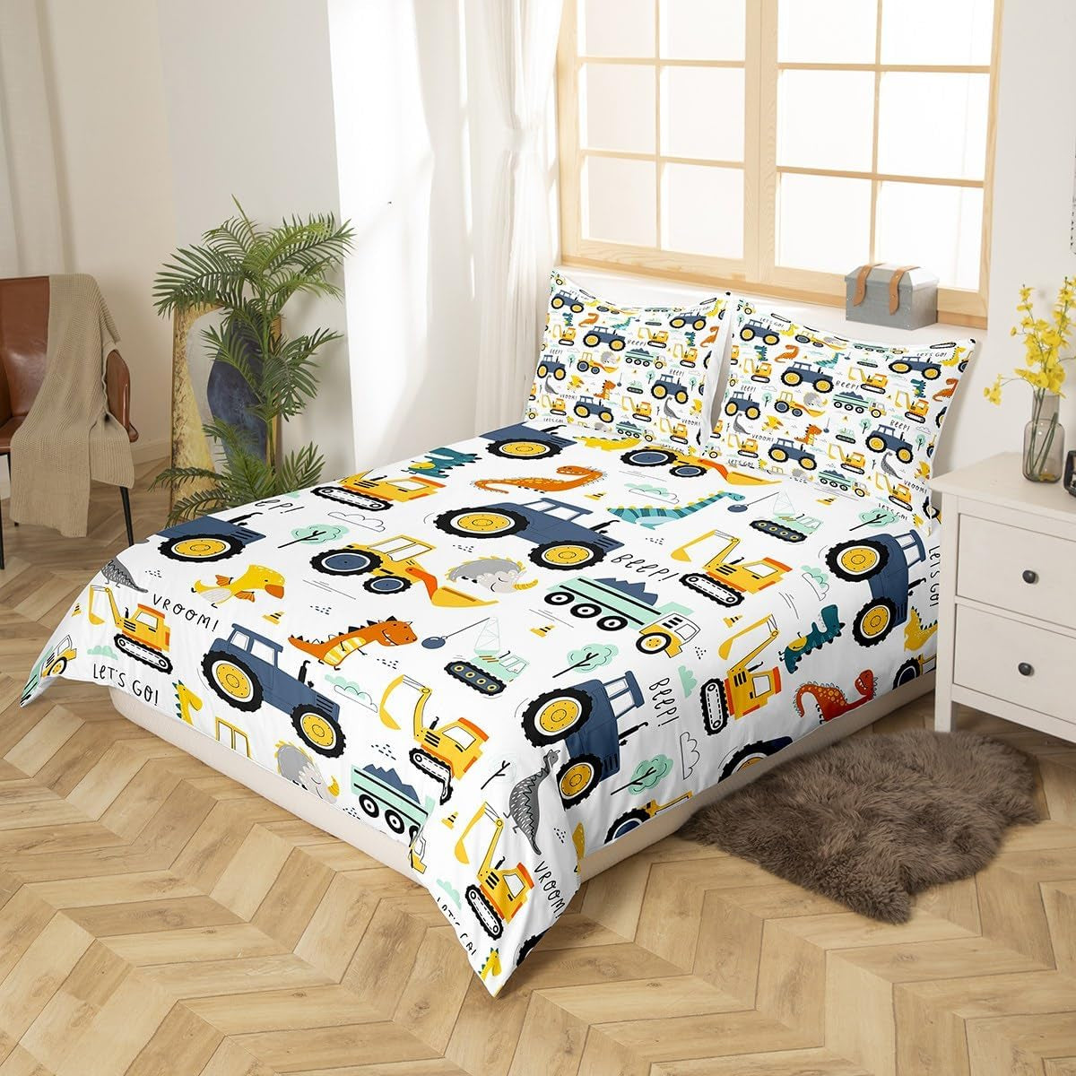 Jungen Cartoon Autobeddengoedset 135X200,Kinder Bau Fahrzeuge Tröster Abdeckung Für Kind Kleinkind Teens,Dinosaurier Bettbezug,Traktor Maschinerie Bagger Bettdecke Abdeckung,Lkw Autos Bettdecke Naty Shop