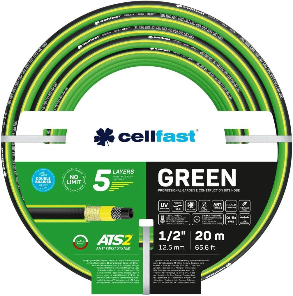 Tuinslang Cellfast GREEN ATS2, duurzaam, flexibel, 5-laags, ATS2 kruisvlecht, UV- en algenbestendig, zware metalen vrij, 30 bar, -20/+60°C korte termijn, 3/4", 20m