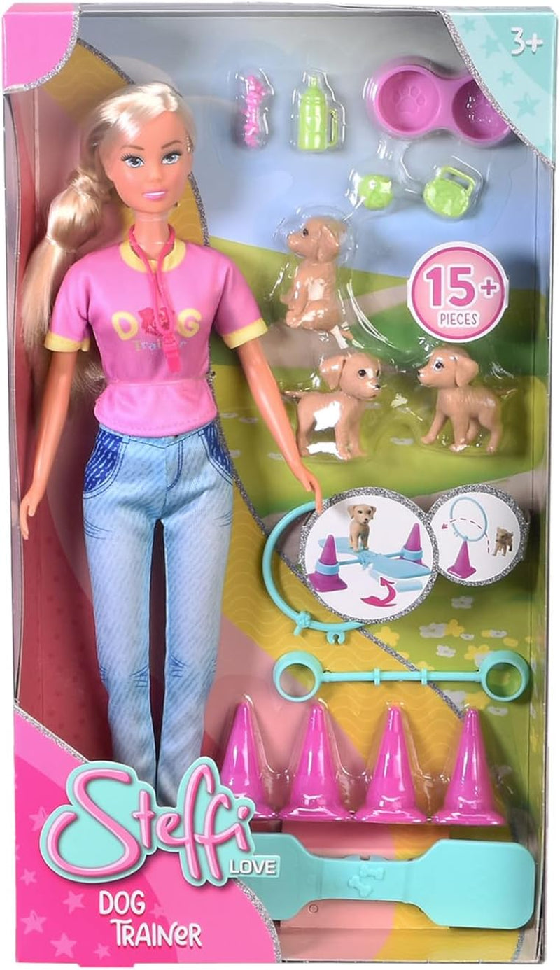 Simba Steffi Love Dog Trainer, speelgoedpop als hondentrainer met training, 3 honden en accessoires, 29 cm, vanaf 3 jaar