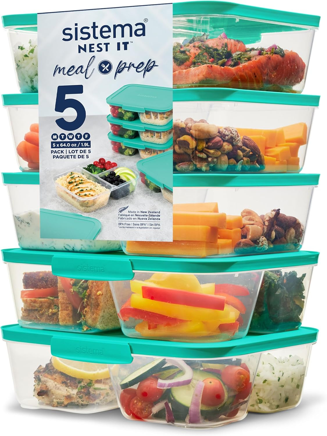Nest IT-systeem voedselopslagcontainers Maaltijdbereidingsdozen | Luchtdichte voorraadbussen van 1,9 liter met DRIE compartimenten en deksels | BPA-vrij | Groen | 5 stuks Naty Shop voedselbewaardozen 5 X 1,9 LITER