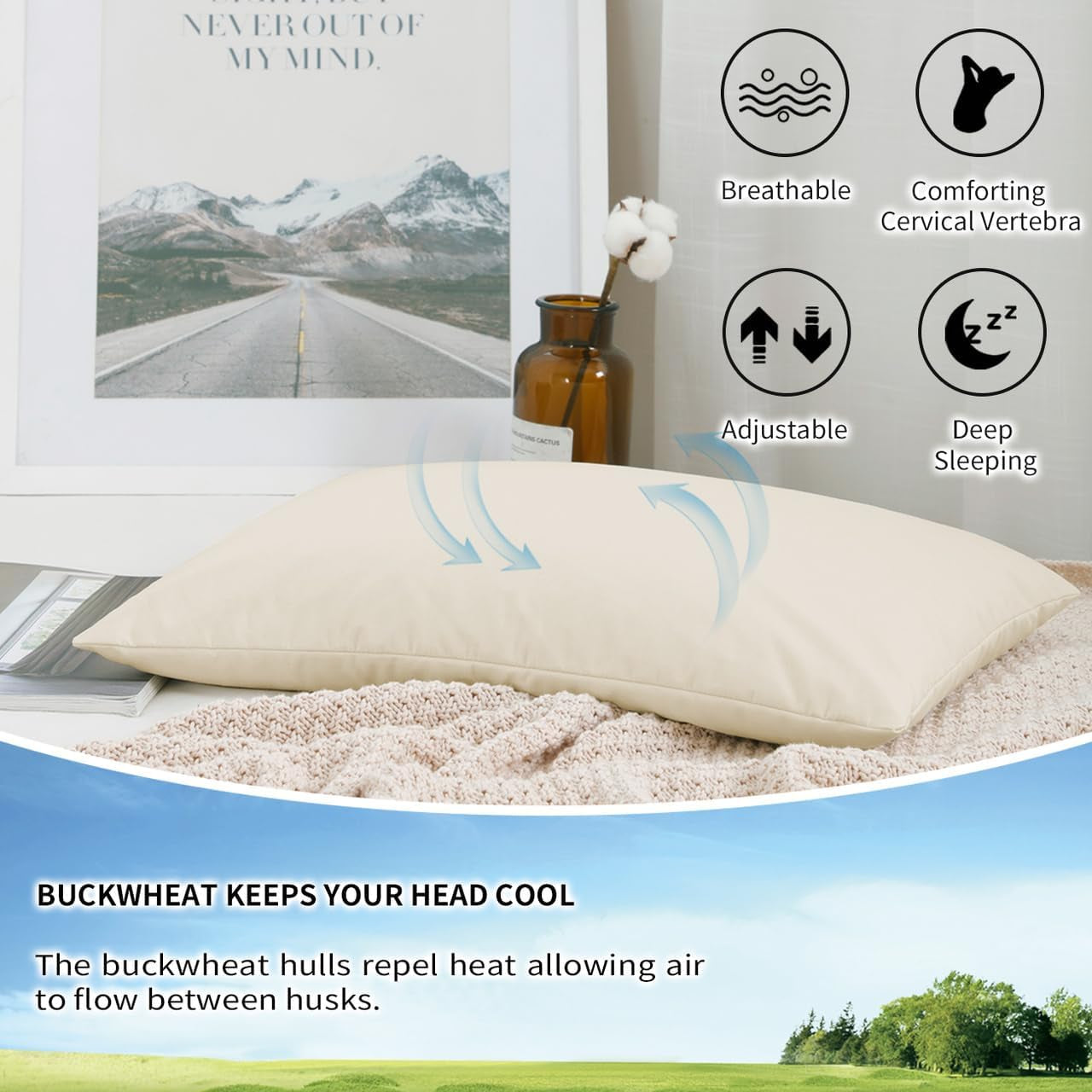 LOFE Biologisch Boekweit Slaapkussen 14" X 20" Verstelbaar Ademend Koele Slaap Cervicale Ondersteuning voor Rug- en Zijslapers (Tartaire Boekweitrompen) Naty Shop Standaard Kussens