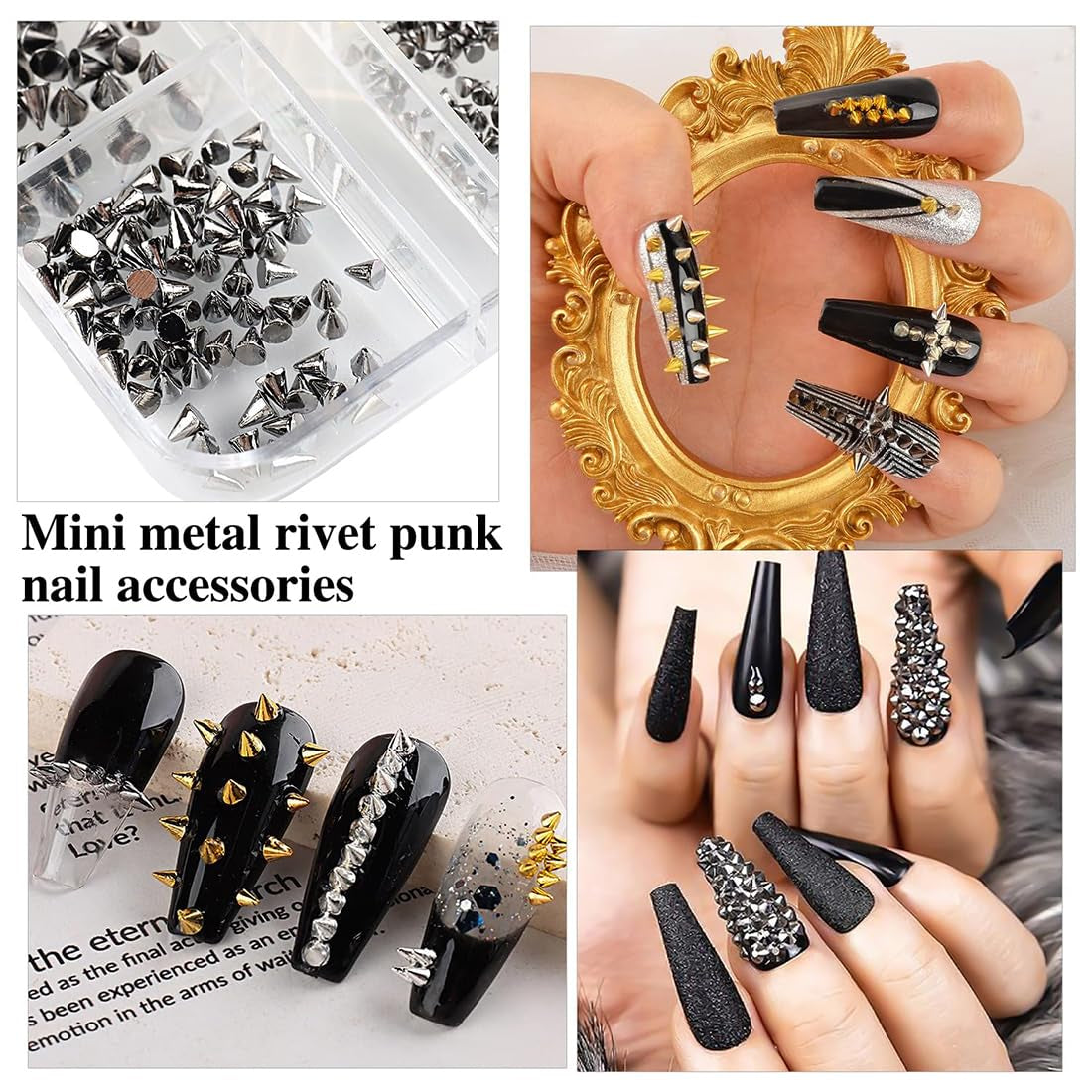 Mini Metall Nieten Punk Nail Charms Goud Zilver Strasssteine ​​Nägel Charm Kegel Spikes Nagelschmuck Glitzersteine ​​Nail Art Studs Nagel Steine ​​Legierung Nagelanhänger Rhinestones Nageldesign Zubehör