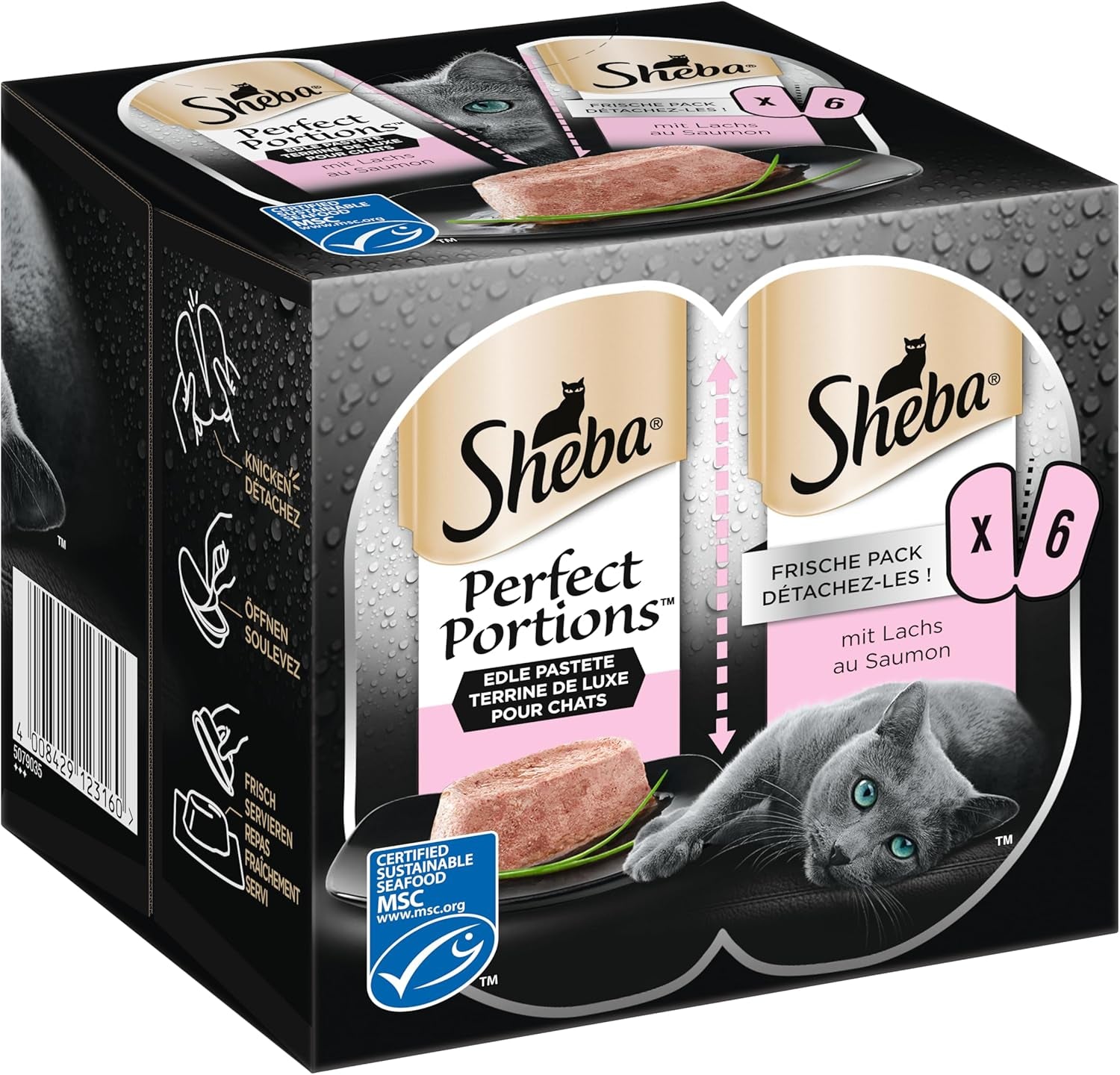 SHEBA Perfect PORTIONS paté voor katten met zalm, MSC gecertificeerd, 8 x 3 x (2 x 37,5 g) = 225 g (verpakking wordt bijgewerkt)