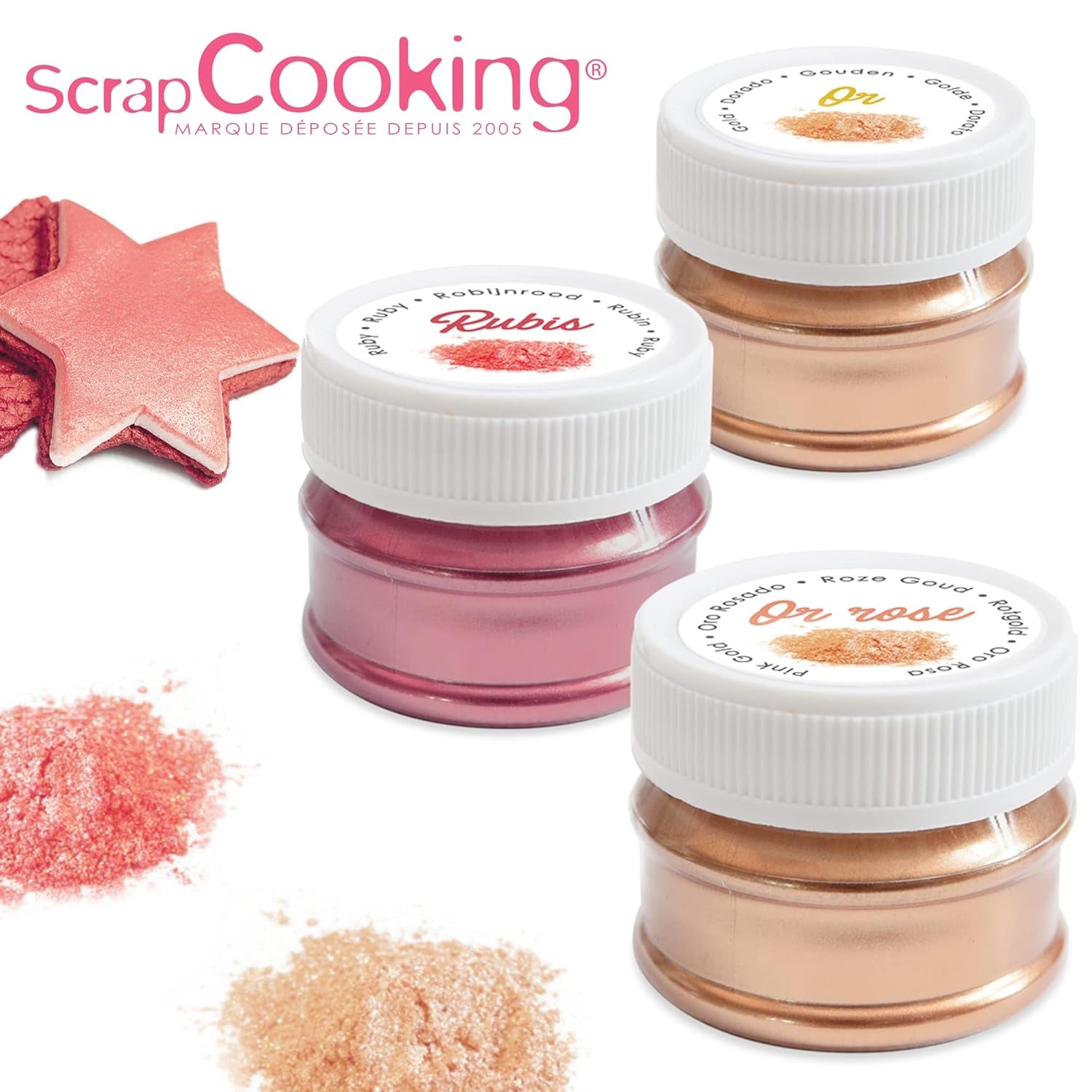 Scrapcooking - Set van 3 metalen kleurstoffen - Kleurstof: goud, rosé goud en robijn - Eetbare kleurstof voor bakken, cakes, koekjes, cakes, chocolade - 4019