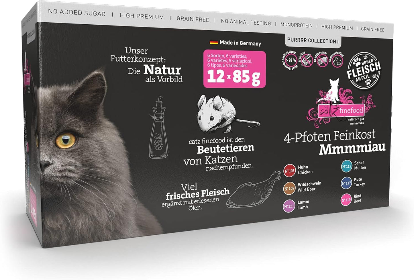 Catz Finefood Purrrr Collection I - Monoproteïne nat kattenvoer - Graanvrij, suikervrij, hypoallergeen - Hoog vleesgehalte - Multipack nat kattenvoer - in zakjes, 85 g (12 verpakkingen)