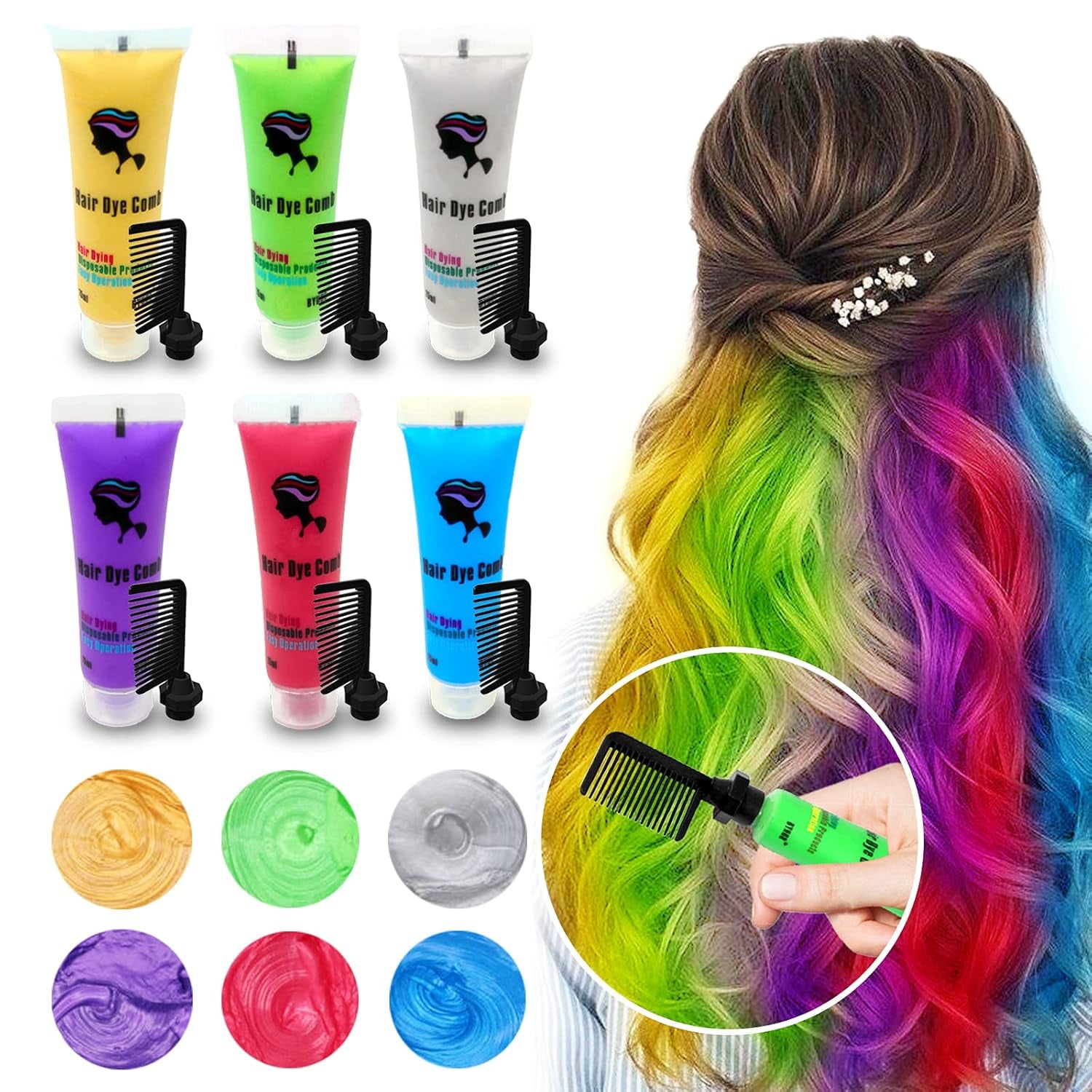 Byhoo 6PCS tijdelijke haarverf voor zwart haar, haarkrijt, wasbare haarverf, cadeau-idee voor meisjes, verjaardagscadeau voor tieners. Naty Shop 01 haarverf