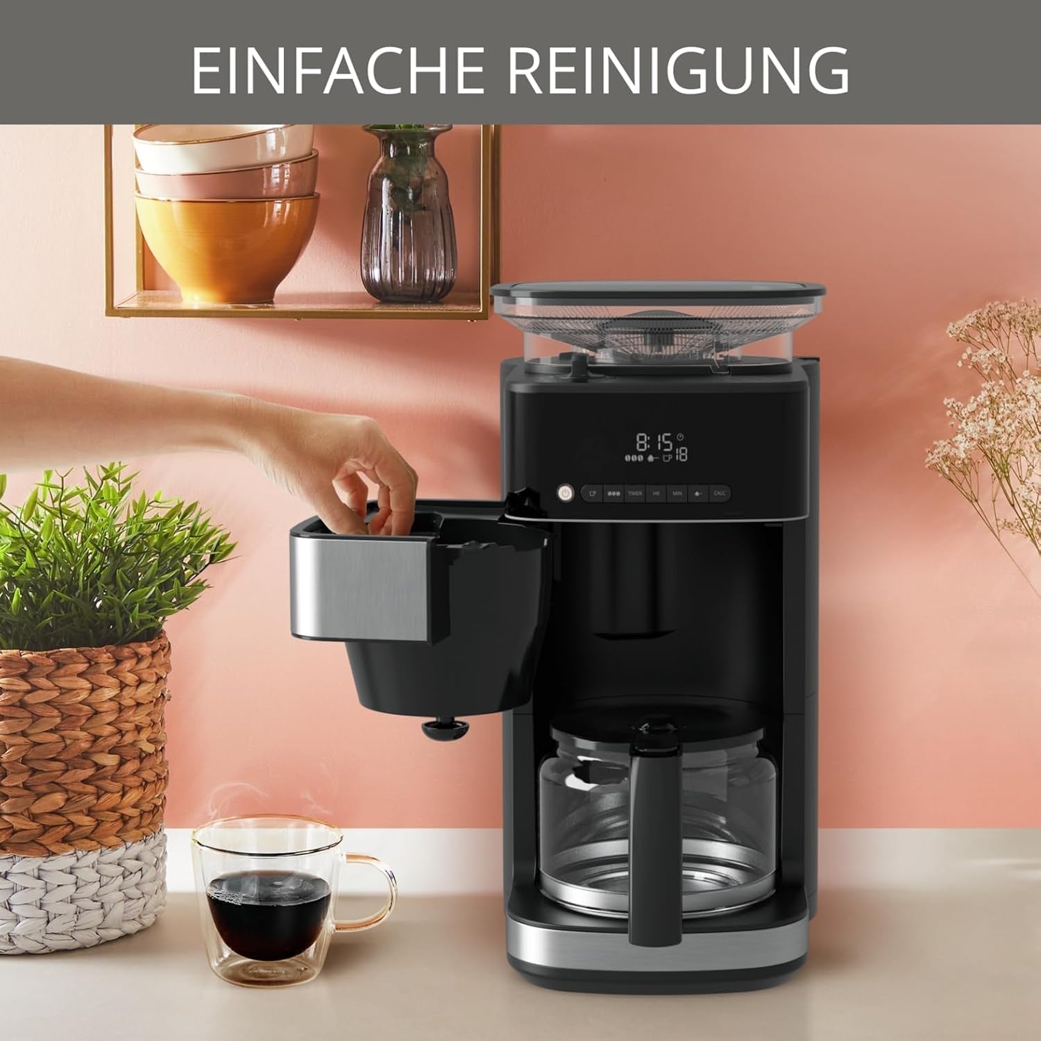 Krups Espressomachine KM8328 Malen met Grinder | 24-uurstimer | Graancontainer 180 g | Capaciteit 1,25 l voor maximaal 15 koppen koffie | Automatische uitschakelfunctie | 3 maalstanden | Zwart