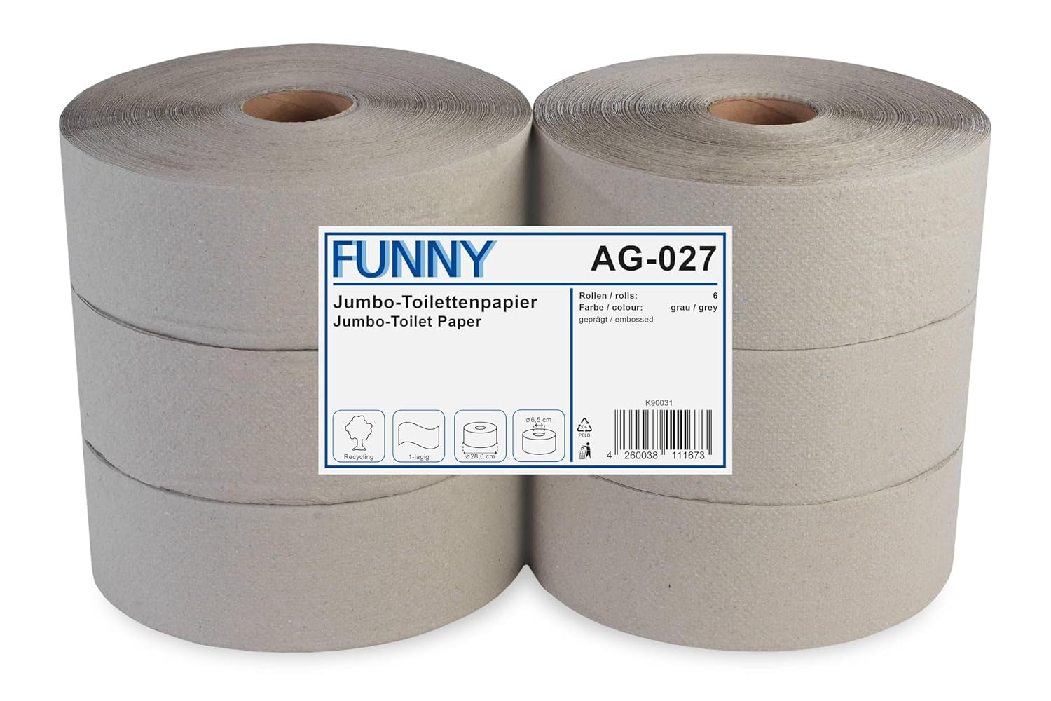 Funny AG-027 Jumbo Toiletpapier, 1-laags, gerecycled, diameter 28 cm (pak van 6)