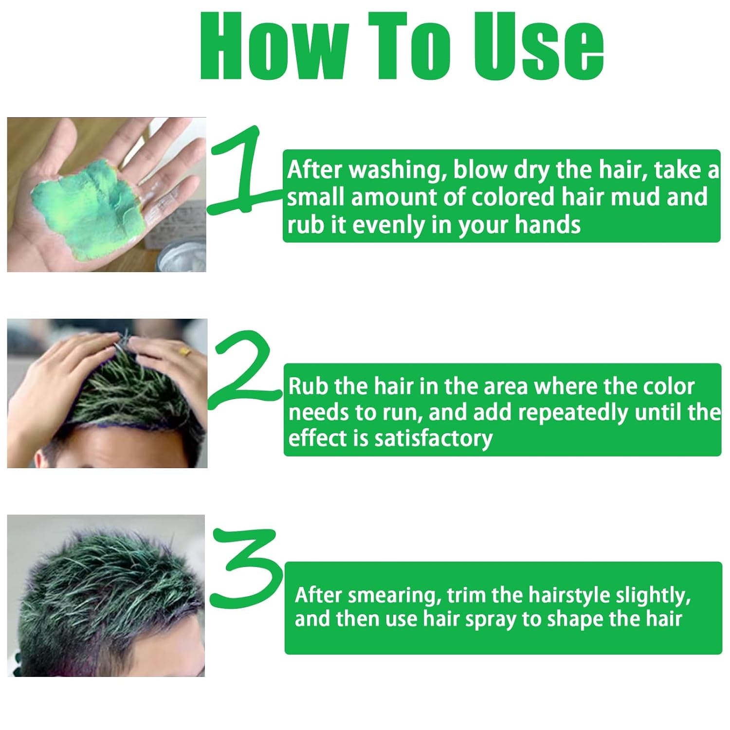 Groene tijdelijke haarwas, gekke groene tijdelijke haarspray, wasbare semi-permanente modder, eenmalige haarkleuring, instant styling haarpasta modder, natuurlijke haarkleur voor feesten, activiteiten en Halloween Naty Shop haarverf