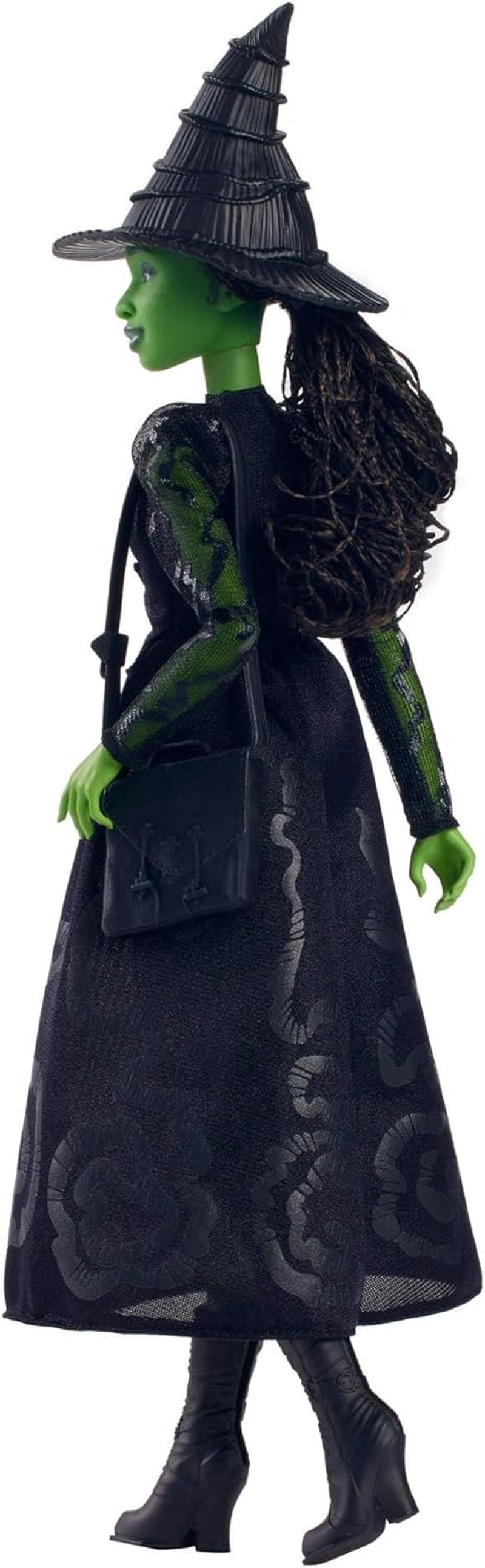 Mattel Wicked Elphaba modepop en accessoires met groene huid, zwart gevlochten haar, verschillende mogelijke poses en afneembare baljurk-uiterlijk, HXT62, [Multicolor]