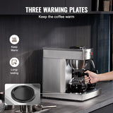 VEVOR Commerciële filter-espressomachine met 12 kopjes, 3 glazen karaffen en 3 verwarmingsplaten, roestvrijstalen espressomachine met automatische watertoevoer voor restaurant, kantoor, koffiebar