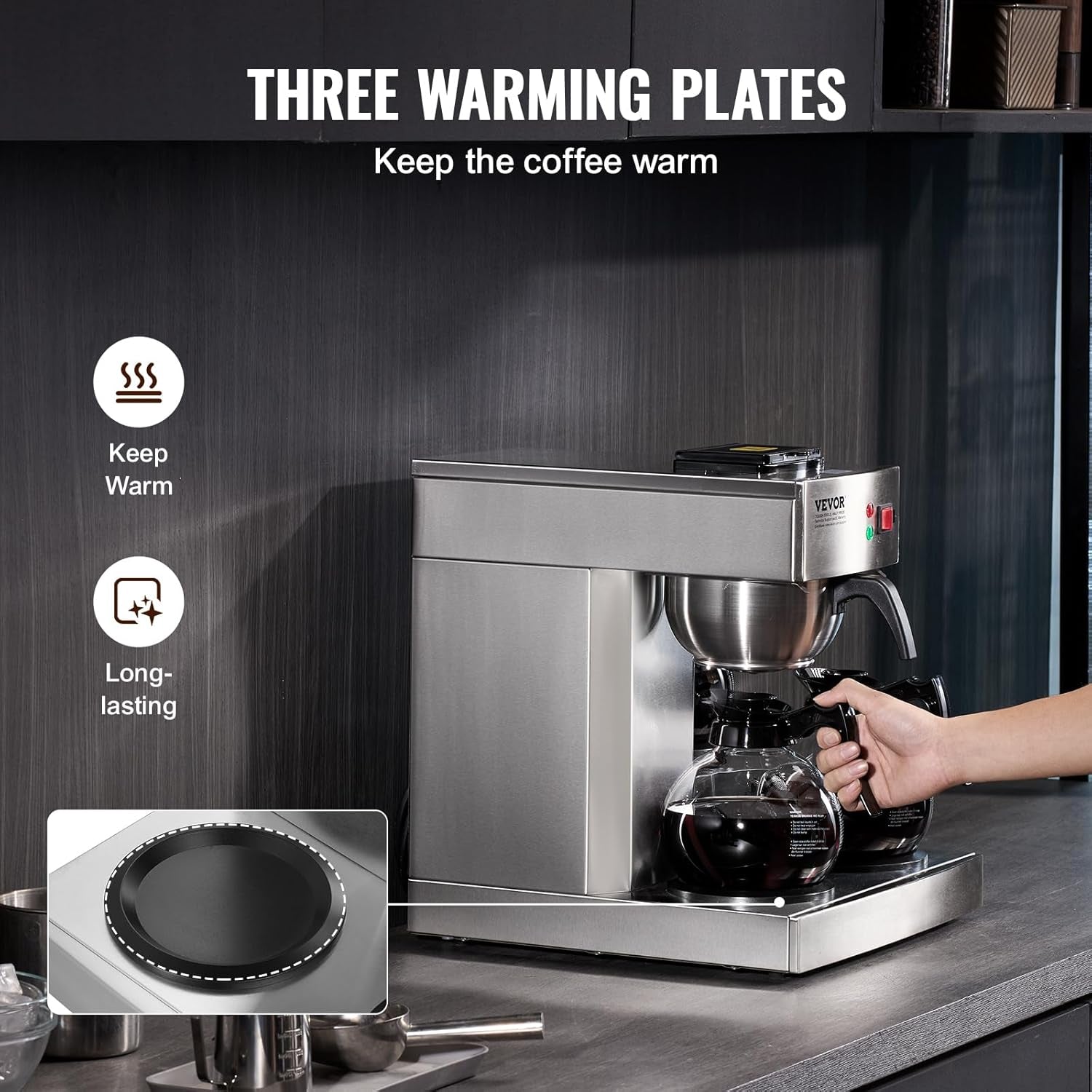 VEVOR Commerciële filter-espressomachine met 12 kopjes, 3 glazen karaffen en 3 verwarmingsplaten, roestvrijstalen espressomachine met automatische watertoevoer voor restaurant, kantoor, koffiebar