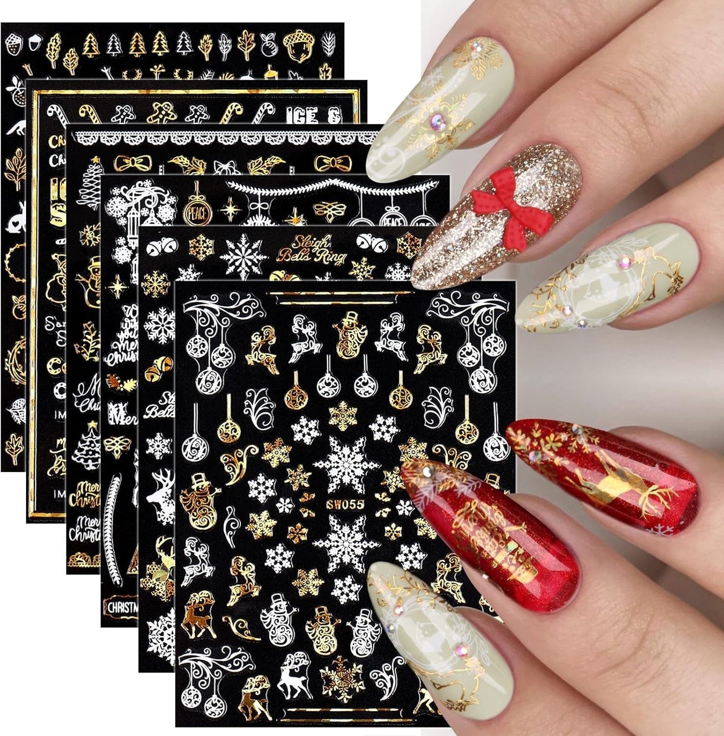 9 Blatt Nagelsticker Weihnachten Nagelaufkleber Selbstklebend Weiß Rentier Schneemann Nail Art Sticker Decoratie Nageldesign Zubehör