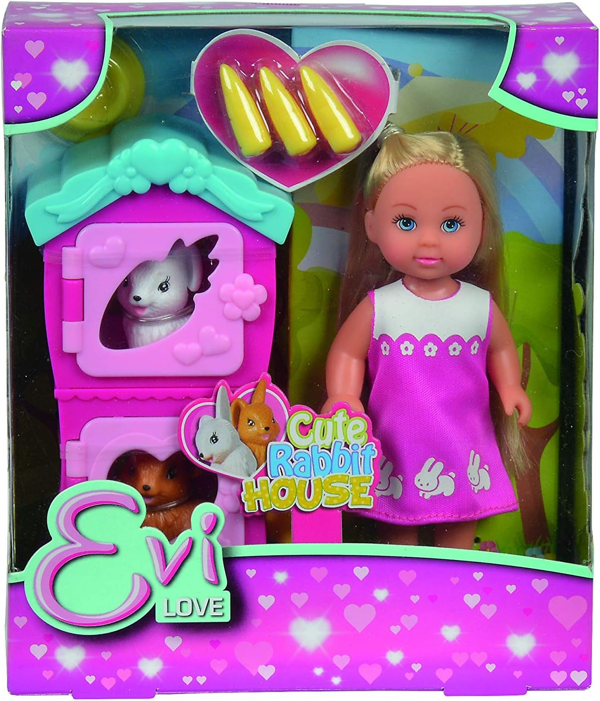 Simba 105733041 - Evi Love Puppy Love met DRIE puppy's, met hondenhuis en accessoires, modepop, 12 cm, voor kinderen vanaf 3 jaar