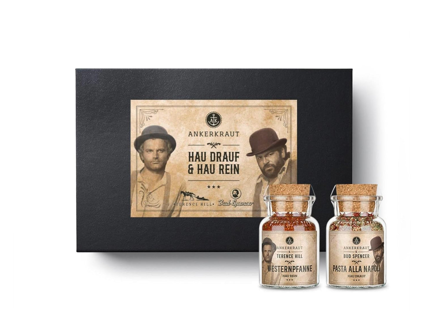 Ankerkraut Bud Spencer & Terence Hill Bagaluten Gewürz-Box, met Westernpfanne en Pasta alla Napoli, Geschenkset, lecker kochen, 195 g Gewürze Inhalt