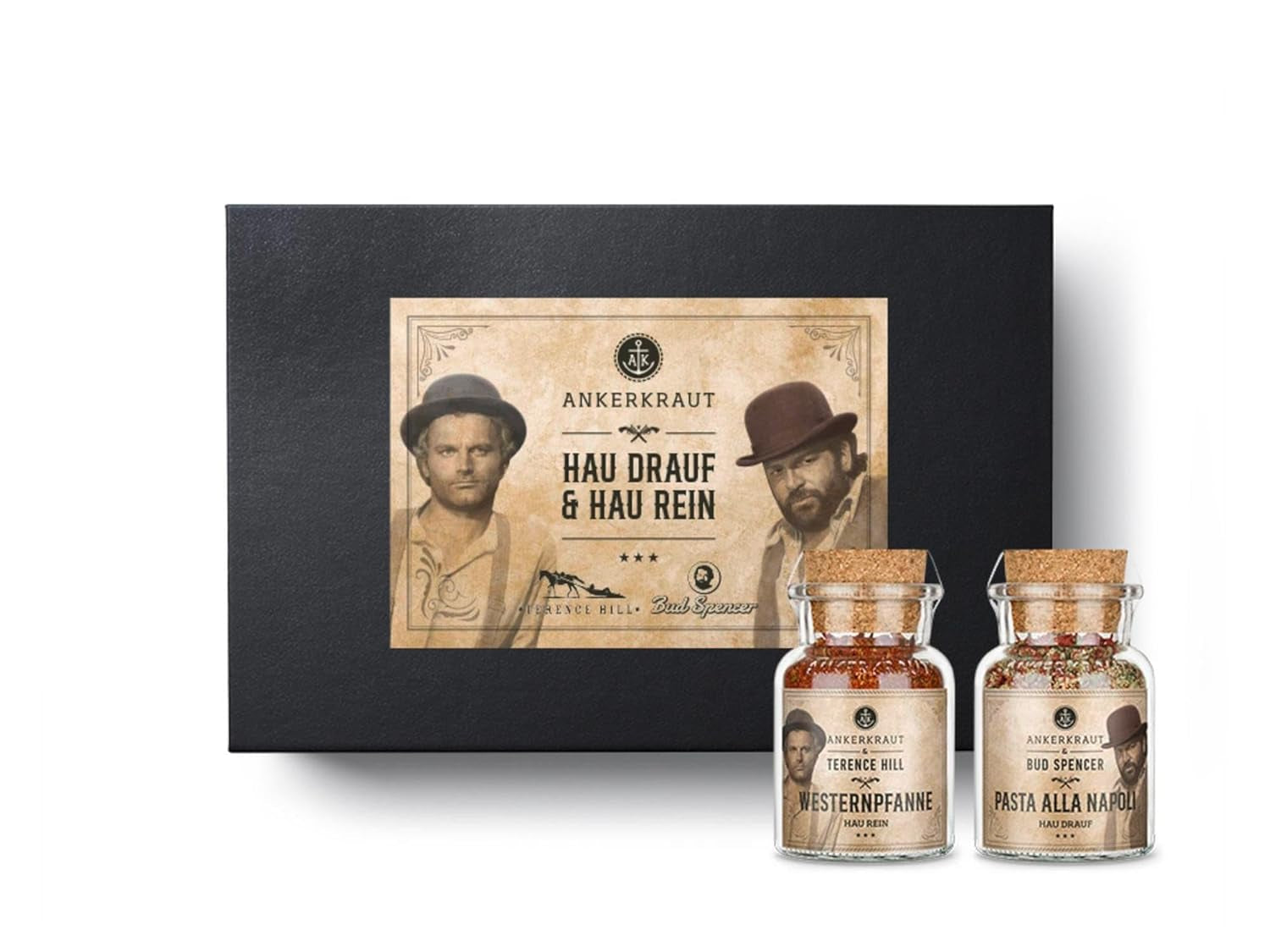 Ankerkraut Bud Spencer & Terence Hill Bagaluten Gewürz-Box, met Westernpfanne en Pasta alla Napoli, Geschenkset, lecker kochen, 195 g Gewürze Inhalt