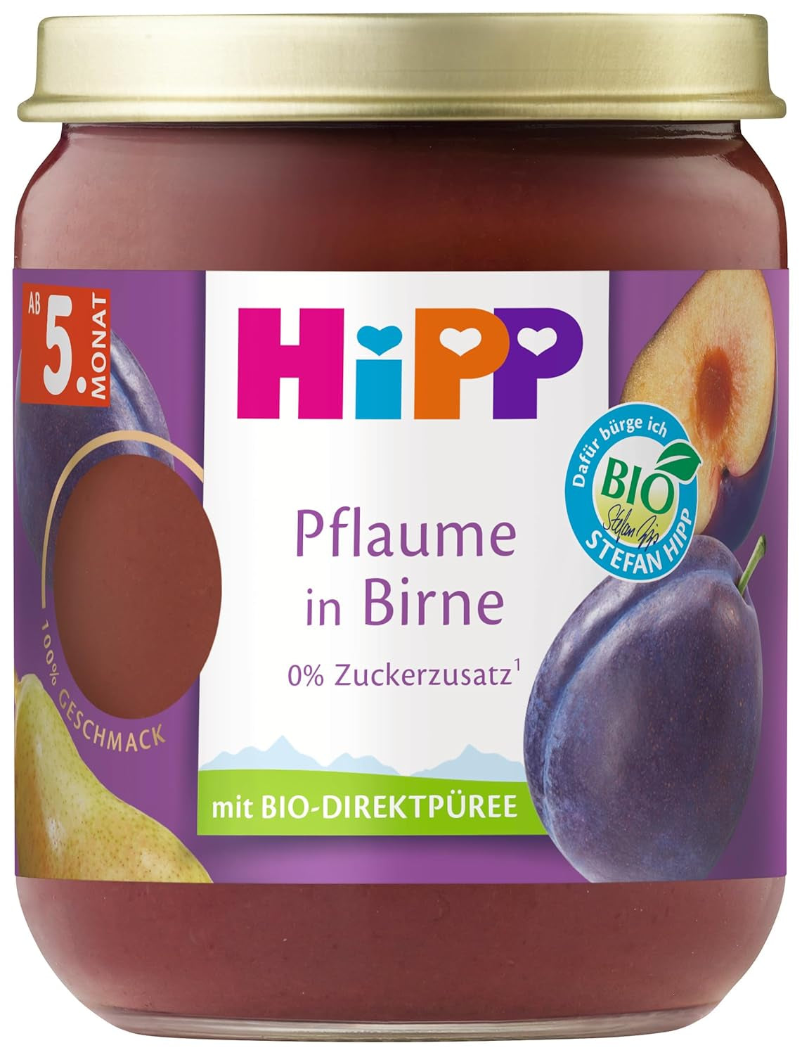 HiPP Biologische Pruimen met Perensmaak (6 x 160 g), vanaf 5 maanden, zonder toegevoegde suikers, bijzonder intense fruitsmaak, van de beste biologische kwaliteit.