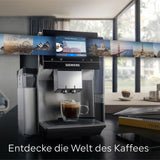 Siemens EQ700 volautomatische espressomachine, groot kleuren TFT scherm, 36 warme en koude dranken, cold brew, 2 kops functie, app bediening, automatisch reinigingssysteem, zwart RVS, TQ717D03