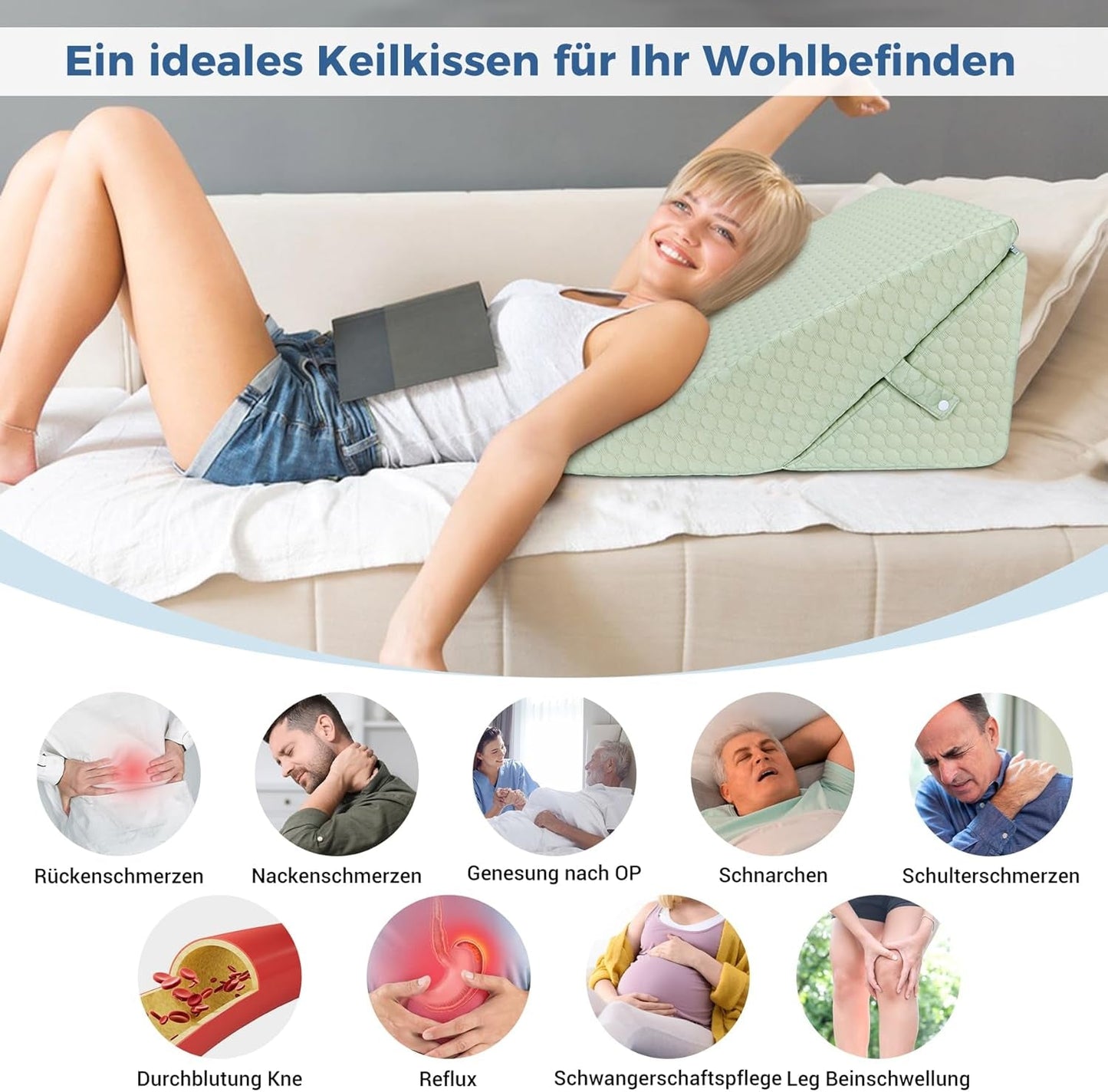 KINDEREN Verstelbaar wigkussen, leeskussen van schuim met hoge dichtheid voor bed en bank, ergonomisch bedwighoofdkussen voor slaaprefluxapneu, beenkussen/rugkussen voor spelen en lezen (groen)