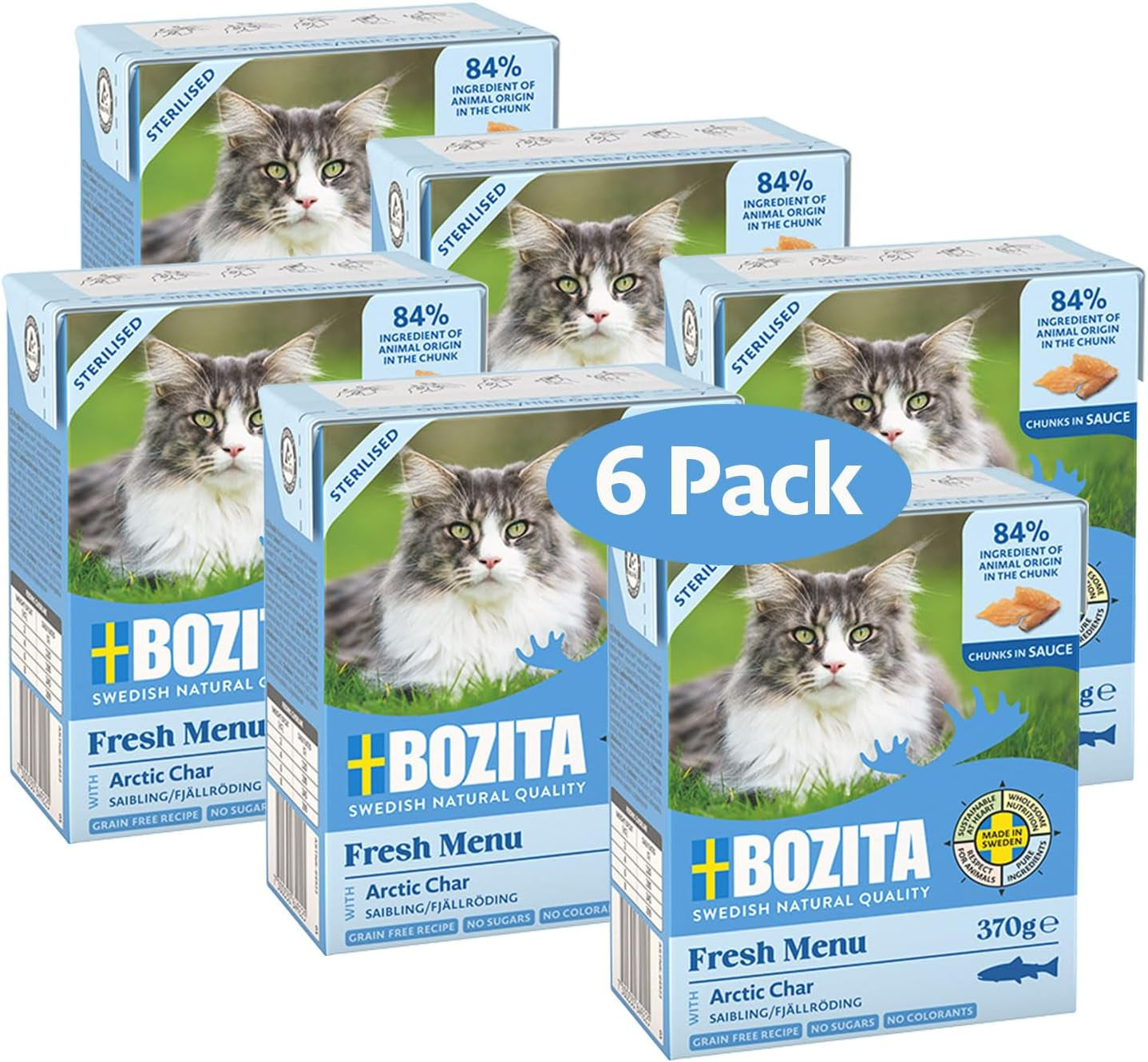 Bozita Tetra Gesteriliseerde stukjes in houtskoolsaus - 6 x 370g Graanvrij en suikervrij natvoer voor katten - non-GMO, met 8,5% eiwit en 4,5% vet - hoge kwaliteit en uiterst smakelijk