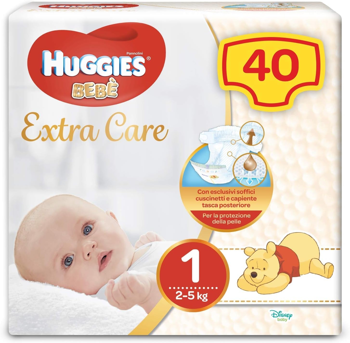 Huggies Extra Care luiers voor baby's, maat 1 (2-5 kg), superabsorberend, volledige bescherming, Disney Design, 40 stuks.
