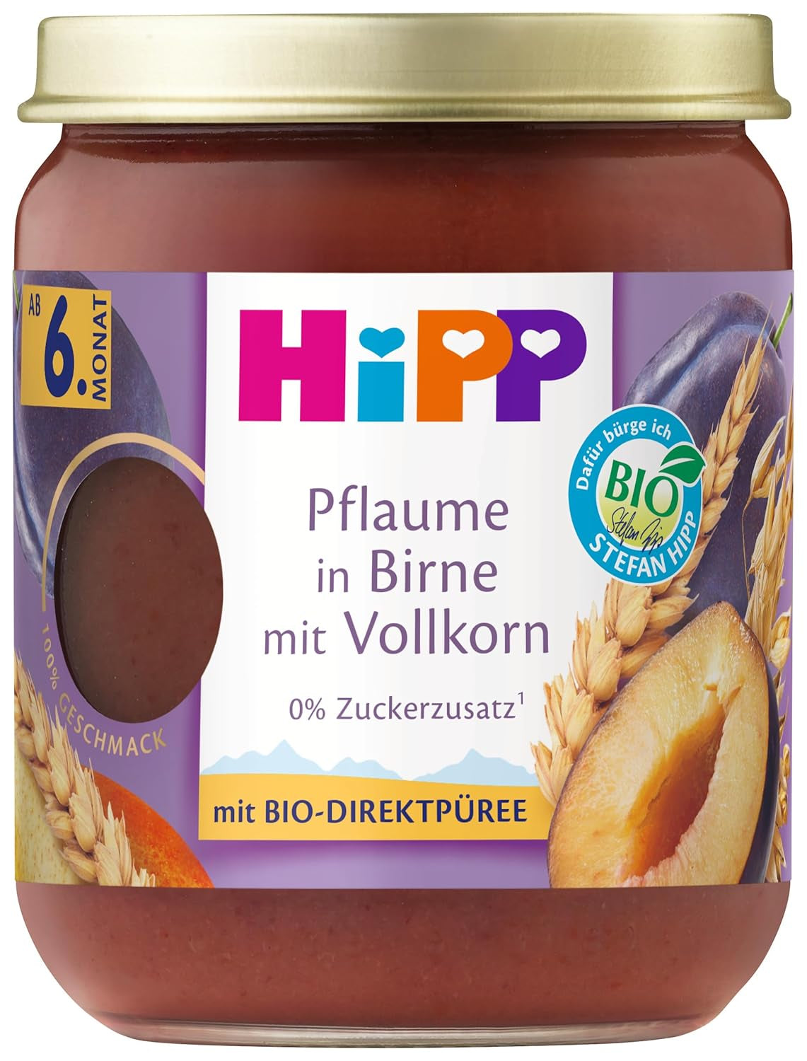 HiPP Biologisch fruit en granen met perenpruimen en volkoren tarwe, 160 g, verpakking van 6 (6x160 g)