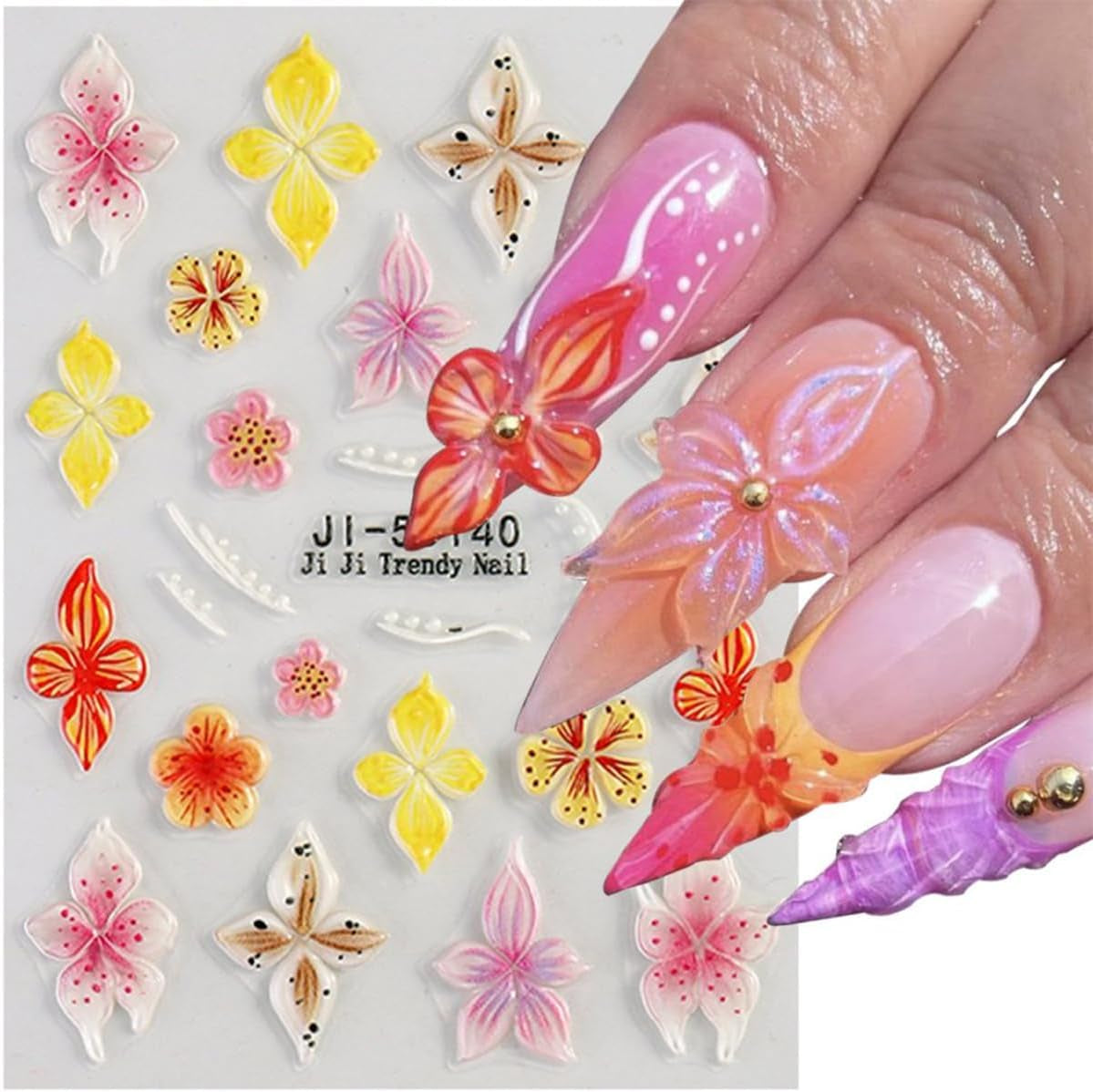 JMEOWIO 3D Nagelsticker Kleurrijke Bloem Nail Art Sticker Selbstklebend Nagelaufkleber 5D Stereoskopisch Lente Zomer Bloemendecoratie Nageldesign Zubehör 4 Blatt