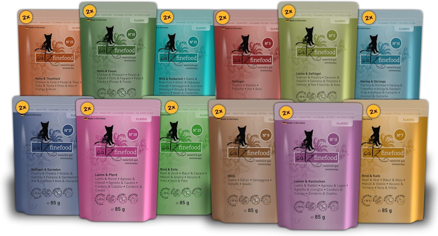 Catz Finefood Classic Collection Mixed Pack Nat Kattenvoer - Gourmet natvoer voor uw kat, graanvrij en suikervrij, met een hoog vleesgehalte, 24 zakjes x 85g