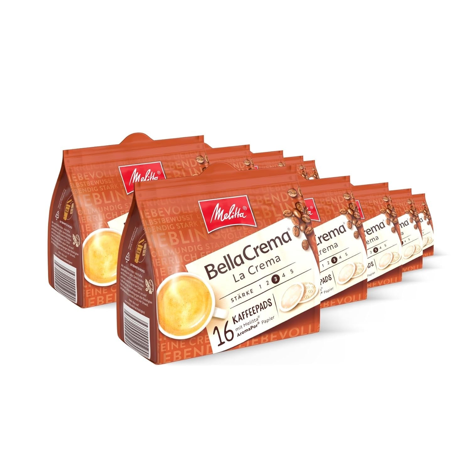 Melitta BellaCrema La Crema Gemahlener Röstkaffee in Kaffee-Pads 10 x 16 Pads, Kaffeepads voor Pad-Machine, medium Röstung, geröstet in Deutschland, Stärke 3, in Tray