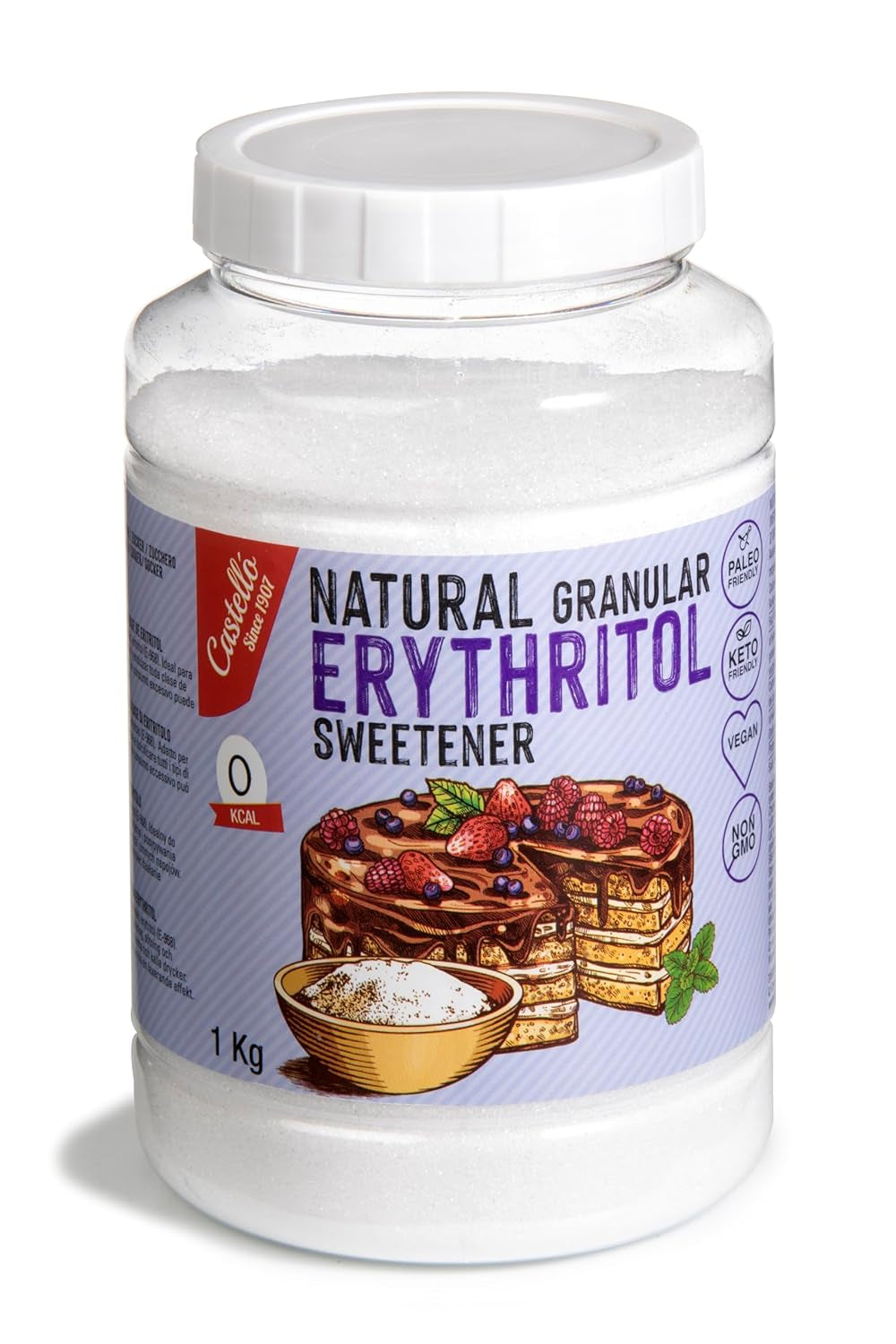 Natuurlijke Erythrit - Kristallzucker | 10G = 7G Zucker | Natürlicher Zuckerersatz - 0 Kalorien - 0 Glykämischer Index - Keto en Paleo - 0 Netto-Kohlenhydrate - Kein GVO - Castello sinds 1907-1Kg Zoetstoffen Naty Shop 1 Kg (1Er Pack)