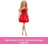 Mattel Rubinrote Blonde Barbie-Party-Modepuppe zum 80. Jubiläum roten Kleid mit zilverkleurige Schuhen en Halskette, Sammelspielzeug, JGD25