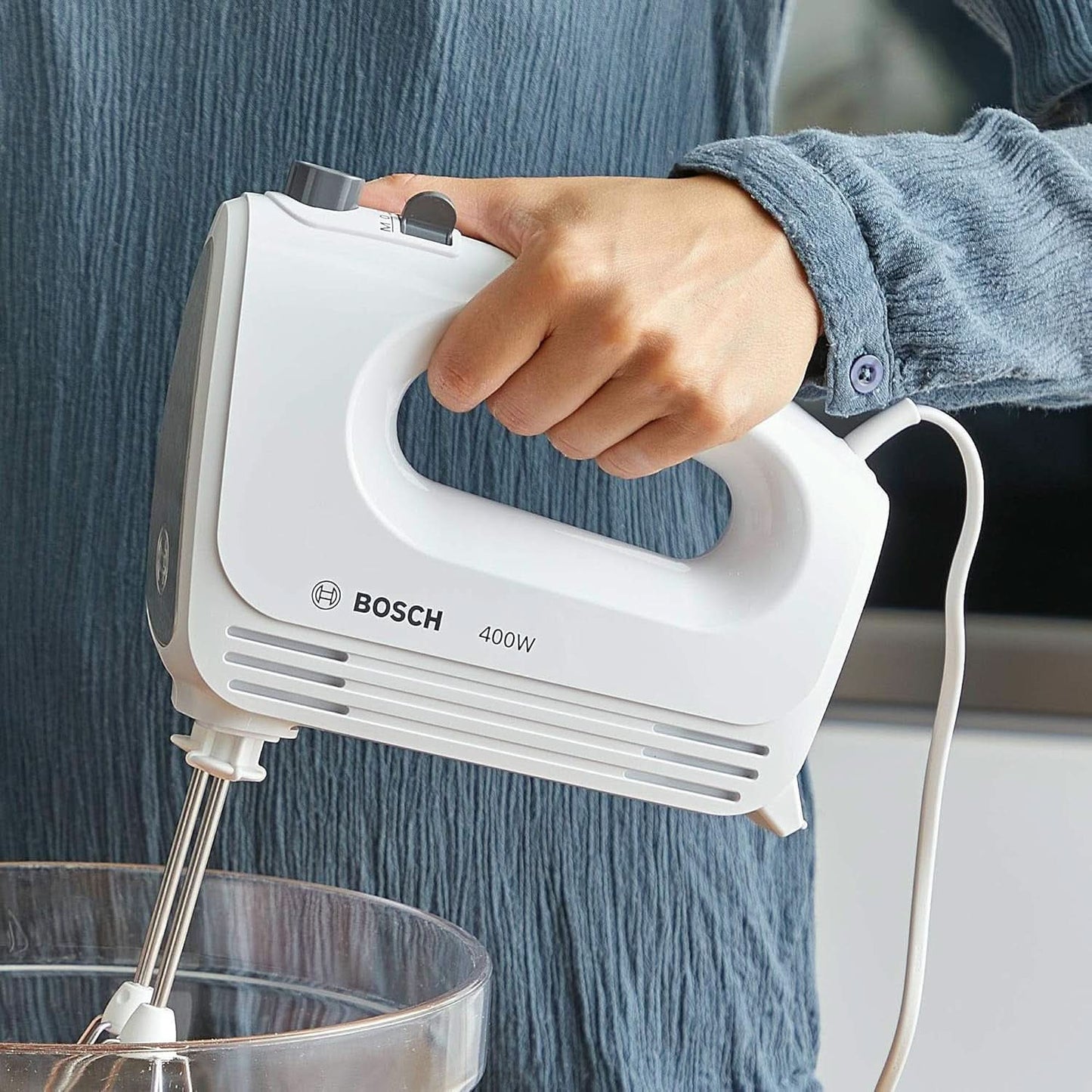Bosch Hausgeräte Handrührer Clevermixx MFQ24200, 2 Rührbesen, 2 Spülmaschinengeeignet, 4 Stufen, Leicht, Leise, 400 W Weiß/Edelstahl Keuken Naty Shop