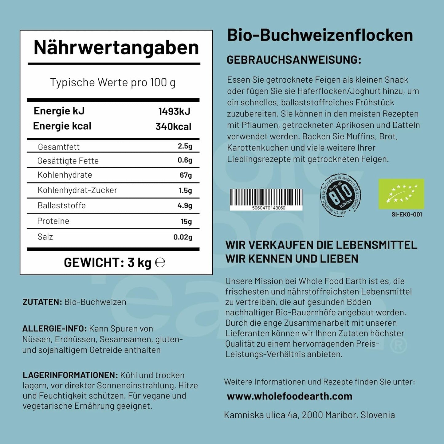 Wholefood Earth Biologische Boekweitvlokken – 3 kg | Ruw | Niet-GMO | Veganistisch | Bron van vezels | Gecertificeerd biologisch