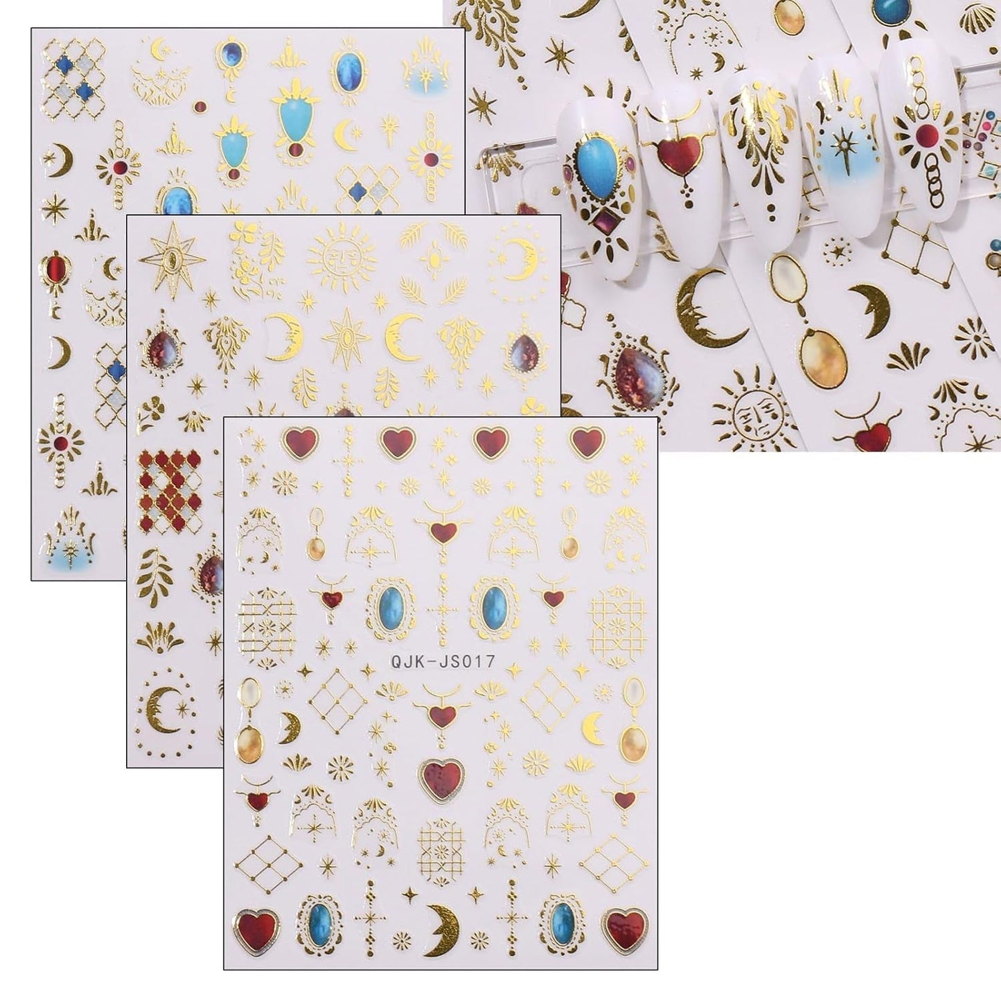 JMEOWIO Nagelsticker Herz Mond Stern 9 Blatt Nail Art Sticker Selbstklebend Nagelaufkleber Bunt Decoratie Nageldesign Zubehör
