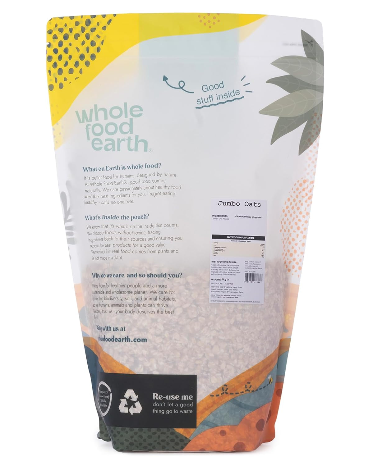 Wholefood Earth Jumbo Havermout - GMO-vrij - vegan - zuivelvrij - geen toegevoegde suiker 2 kg
