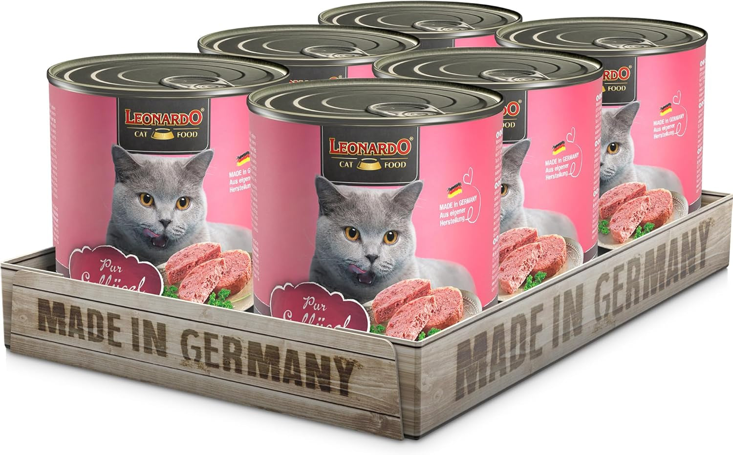 LEONARDO Nassfutter für Katzen, Geflügel puur, 6X 800g dosis, Katzenfutter getreidefrei, Alleinfutter, Made in Germany
