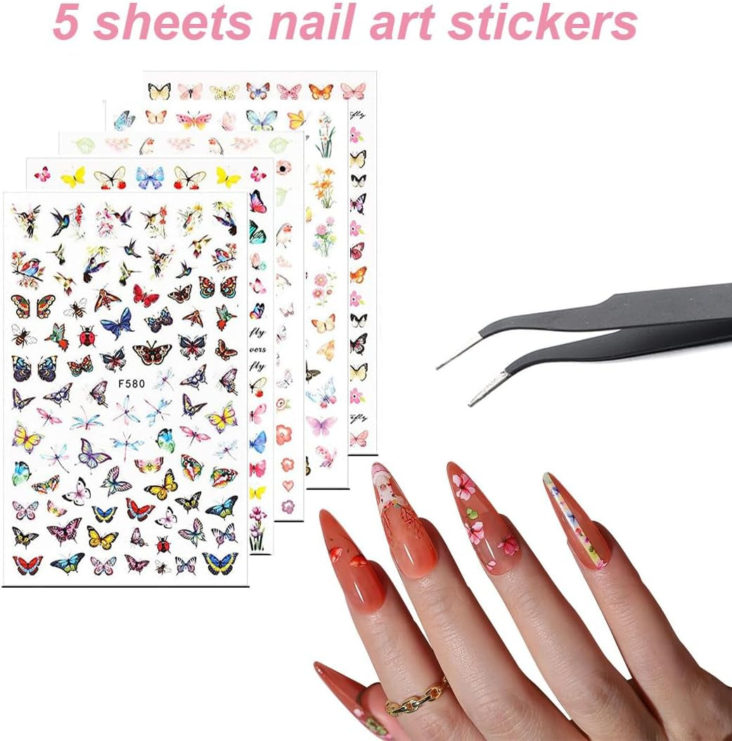 Nagelstickers en accessoireset - 5 nagelstickers, penseel, stenen, decoratieve tape, goudfolie - perfect voor manicure en gelnagels - 50-delige set