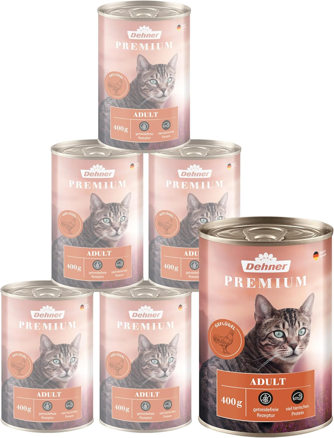Dehner Premium kattennatvoer, graanvrij, voor volwassen katten, gevogelte, 6 blikken van 400 g (2,4 kg)