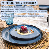 SÄNGER Aruba | Serviesset van steengoed voor 6 personen, 6 dinerborden, 6 ontbijtborden, 6 dinerborden, 6 pastakommen, blauw met zwarte rand | DE WAARDE-COLLECTIE