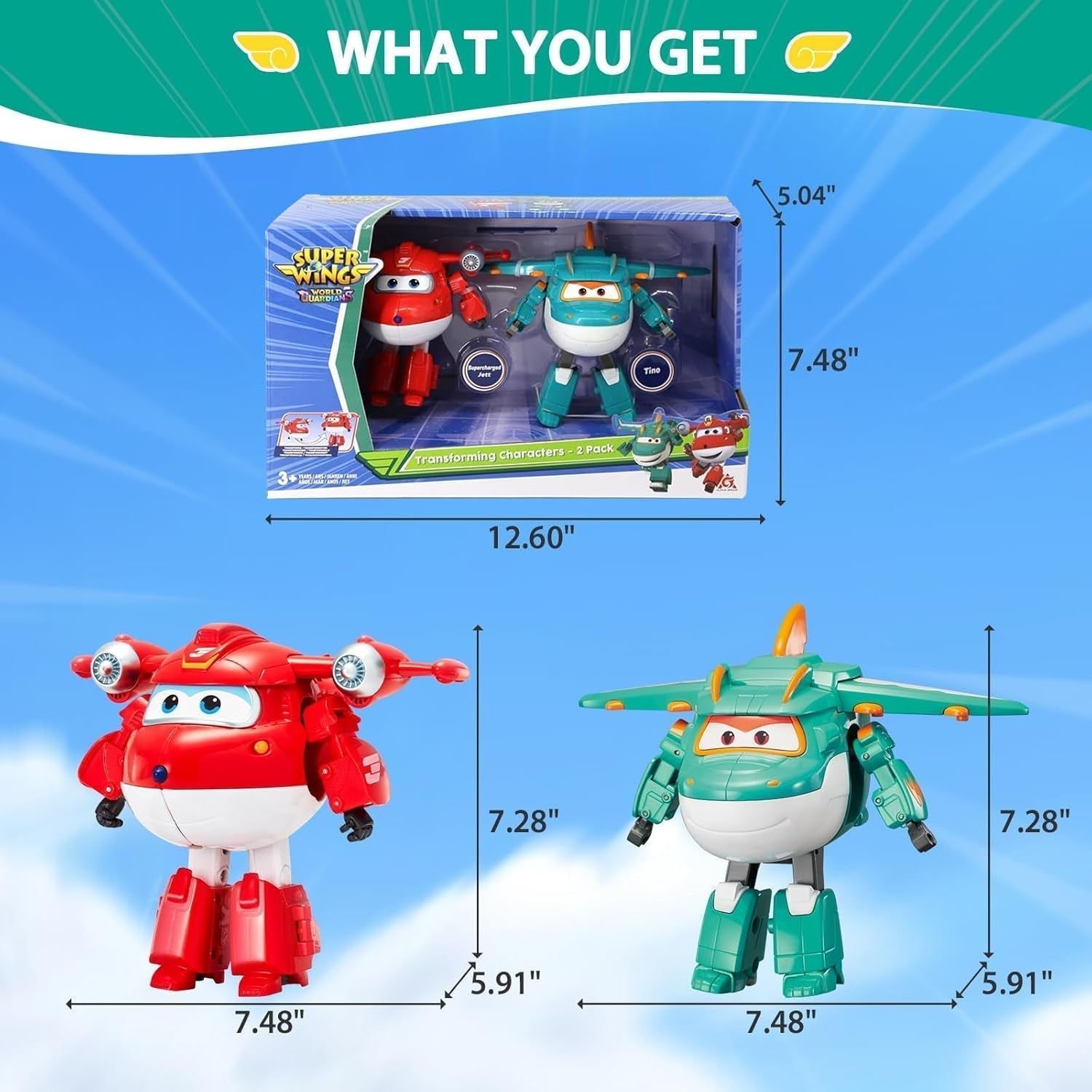 Super Wings 5" Transforming Characters 2-pack Transforming Supercharged Jett + Tino Transformer speelgoed voor jongens en meisjes vanaf 3 jaar Rode actiefiguren Naty Shop