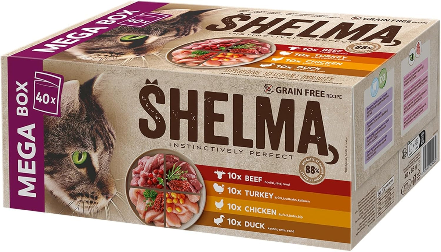 Shelma Katten natvoer Megapack met rundvlees, kalkoen, kip en eend - Volledige graanvrije voeding met hoog vleesaandeel - 40 x 85 g (3,4 kg)