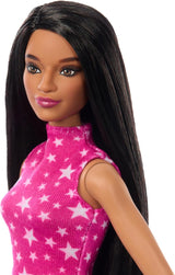 Barbie Fashionistas pop nr. 215 met steil zwart haar roze sterpatroon top en iriserende rok 65e verjaardag collectible modepop HRH13 Naty Shop Dolls