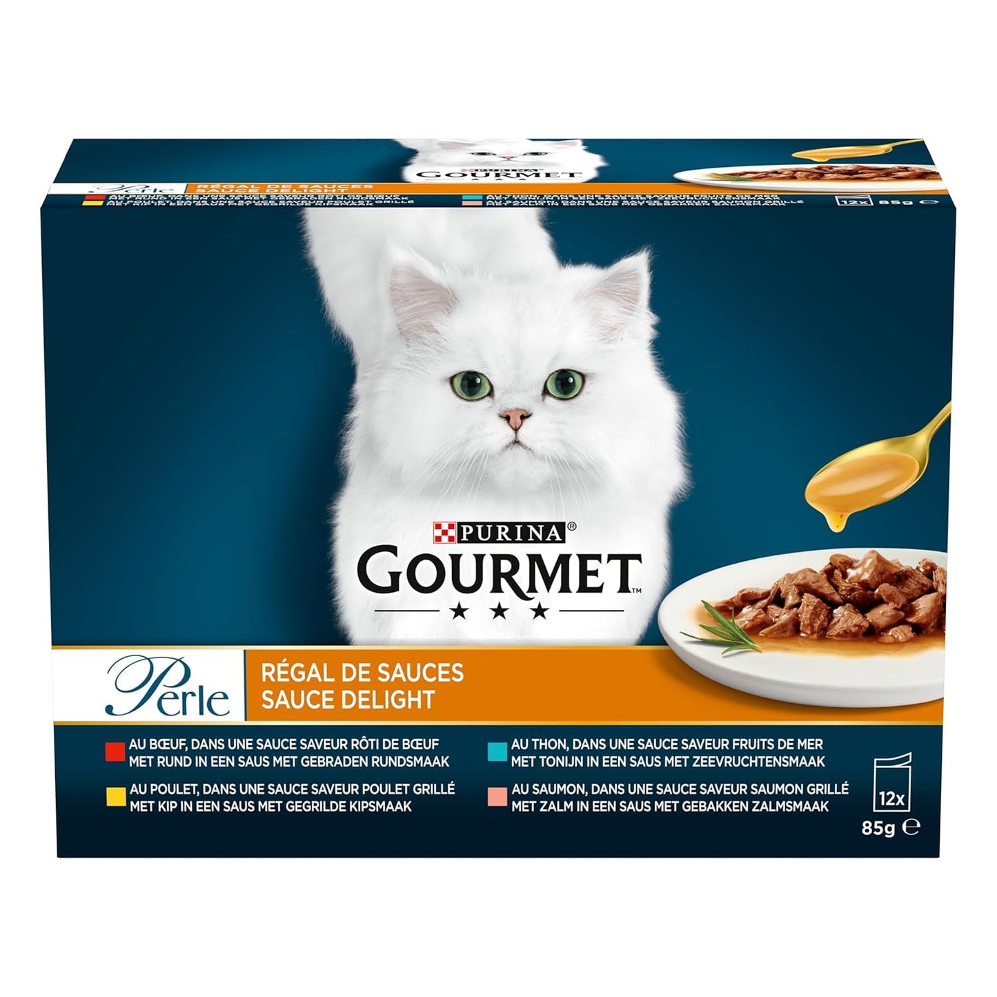 Parel | Saushouder | Volwassen kat | Rundvlees, Kip, Tonijn, Zalm | 12 x 85 g | Versheidszakjes (verpakking kan variëren)