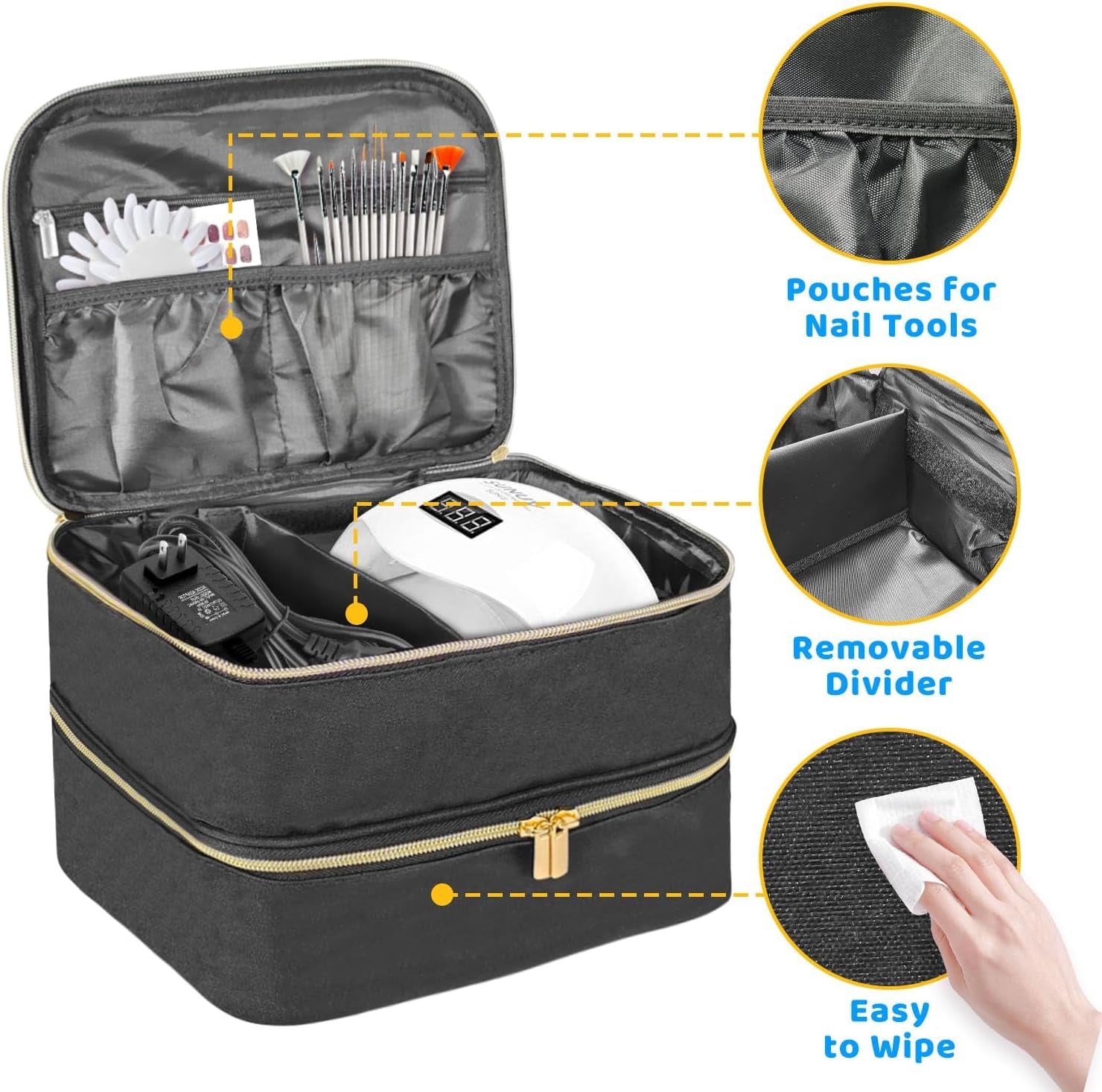 Nail Lacquer Organizer Tasche, Doppelschicht Nail Lacquer Storage Box, Organizer Koffer Für Nageldesign Kosmetiktasche Für 30 Flaschen Neonail Base (15Ml-0.5 Fl.Oz) & 1 nagellamp (zwart)