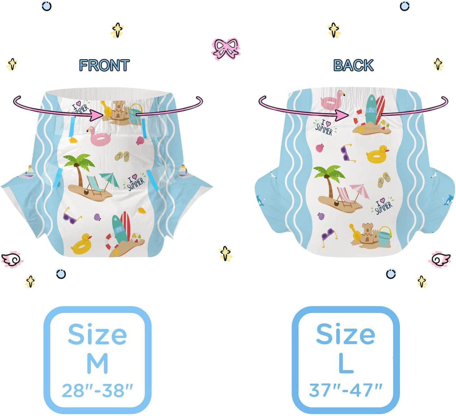 CutiePlusU luiers voor volwassenen, 10 stuks, wegwerpluiers voor dames en heren, maximaal absorptievermogen 's nachts - I Love Summer (middelgrote maat 71-96 cm)