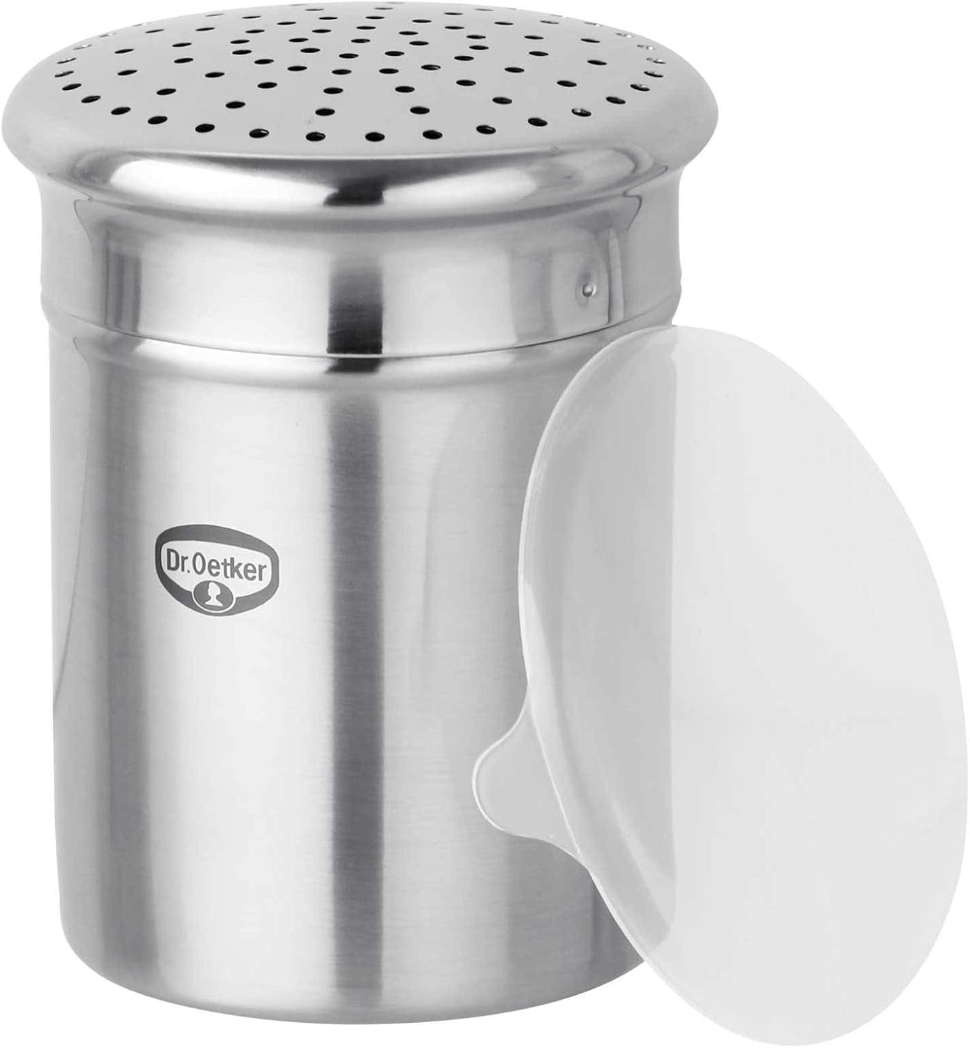 Dr. Oetker Grove suikersuikerpot, hoogwaardige roestvrijstalen keukenhulp voor decoratief en snel afstoffen, grote capaciteit, inclusief beschermhoes, (kleur: zilver), hoeveelheid: 1 stuk